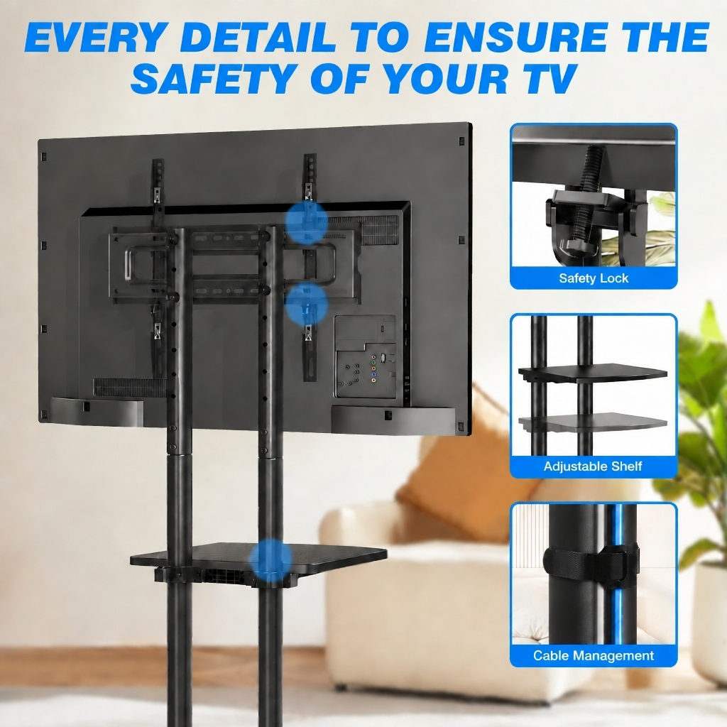 RTVR Modern 75 inch Rolling TV Stand Cart with Wheels, Mobile TV Base Stand with Mount Portable Adjustable