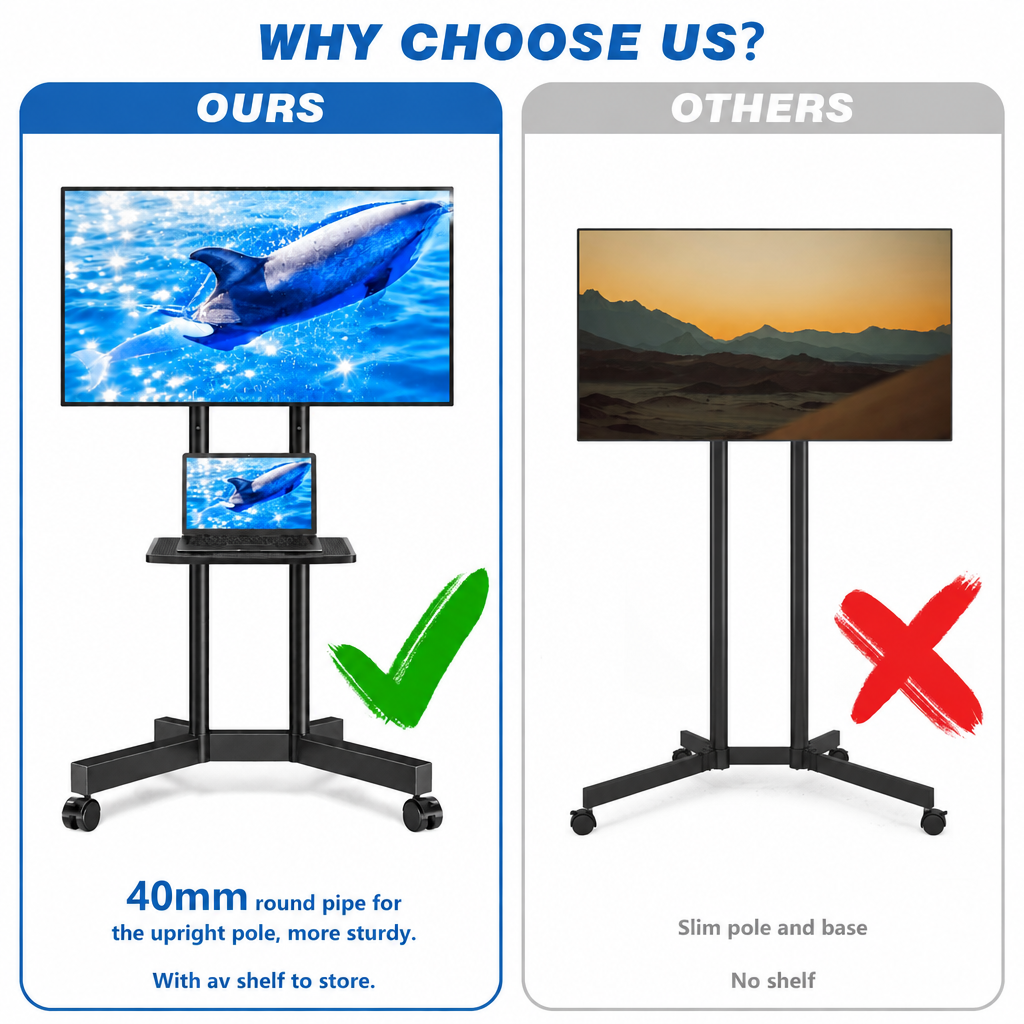 RTVR Modern 75 inch Rolling TV Stand Cart with Wheels, Mobile TV Base Stand with Mount Portable Adjustable