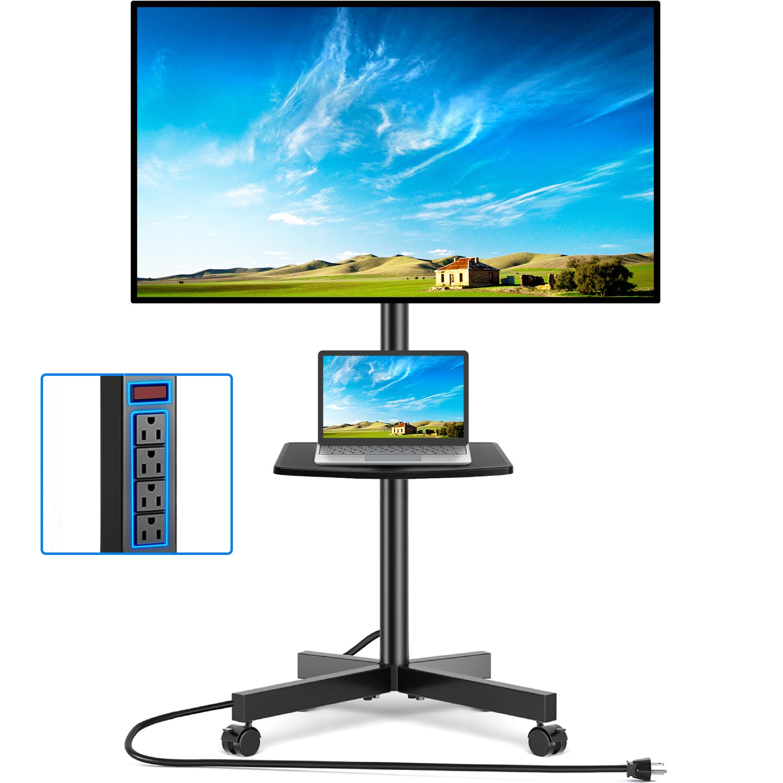 RTVR Rolling Mobile TV Stand Cart for 32 to 65 inch TVs with Power Outlet Adjustable Shelf, Outdoor Black