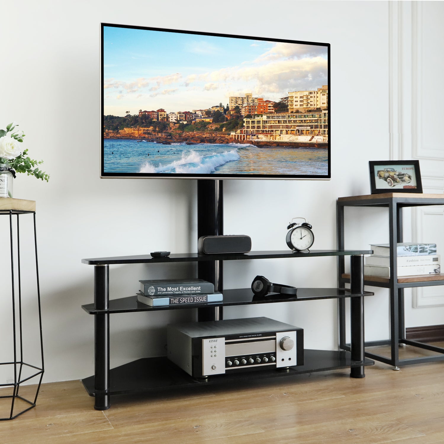 RTVR 3 in 1 Entertainment Center TV Stand with Glass Shelves for up to ...