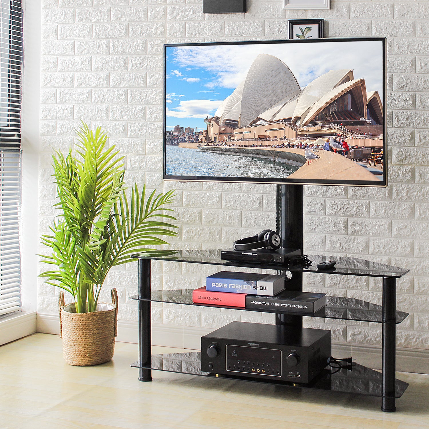 RTVR 3 in 1 Entertainment Center TV Stand with Glass Shelves for up to ...