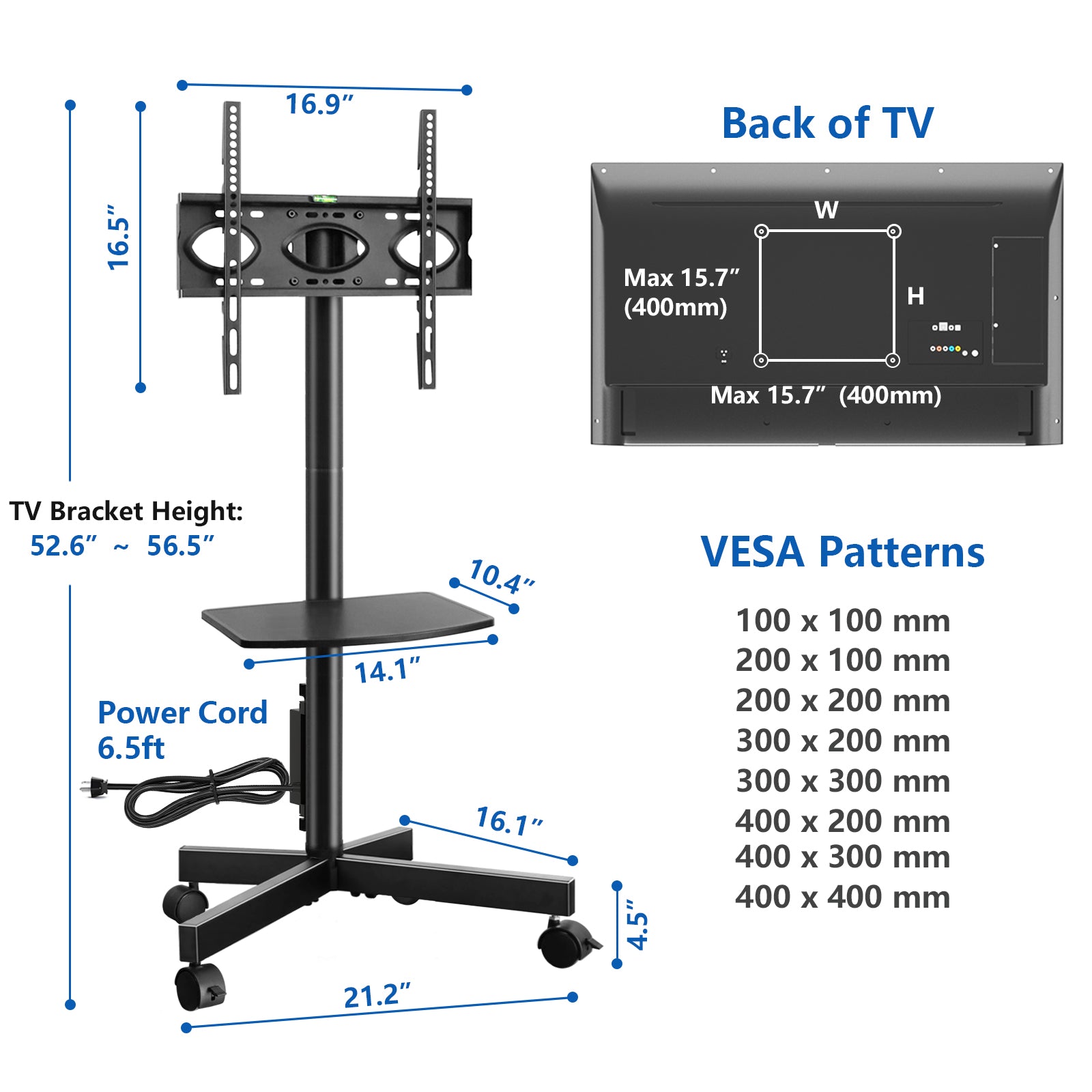 RTVR Rolling Mobile TV Stand Cart for 32 to 65 inch TVs with Power Outlet Adjustable Shelf, Outdoor Black