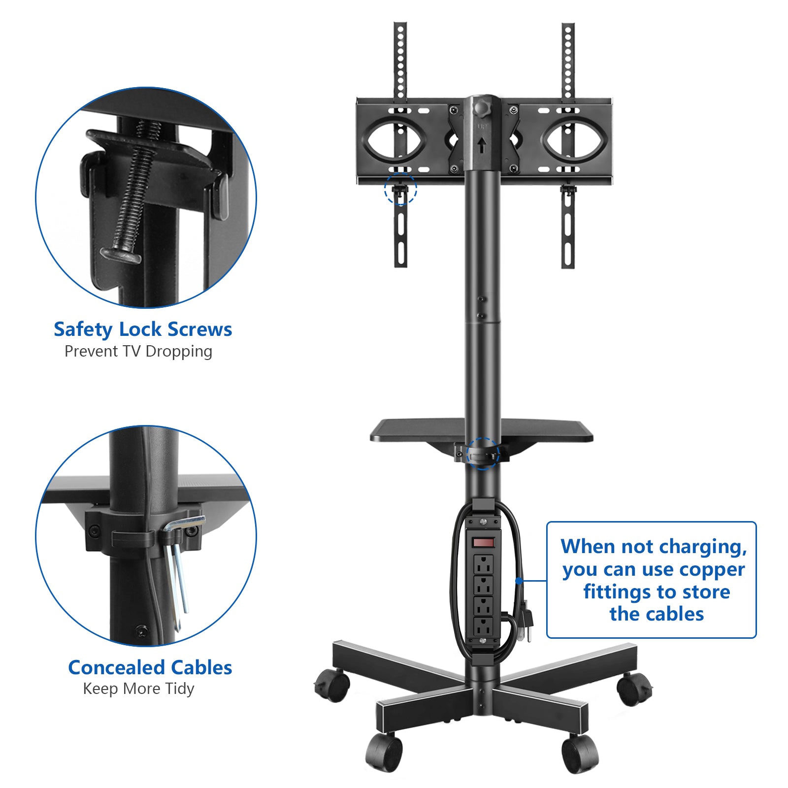 RTVR Rolling Mobile TV Stand Cart for 32 to 65 inch TVs with Power Outlet Adjustable Shelf, Outdoor Black