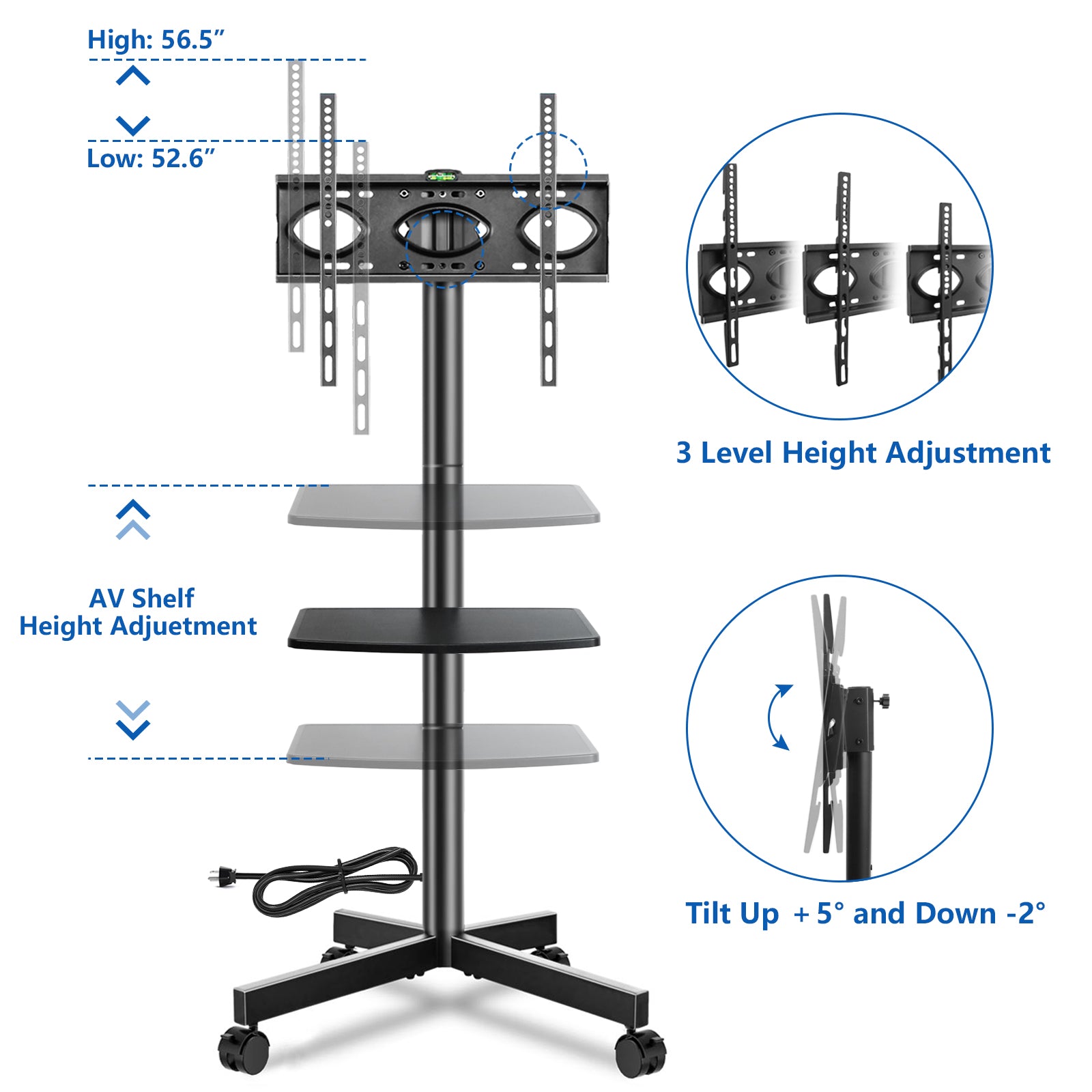 RTVR Rolling Mobile TV Stand Cart for 32 to 65 inch TVs with Power Outlet Adjustable Shelf, Outdoor Black