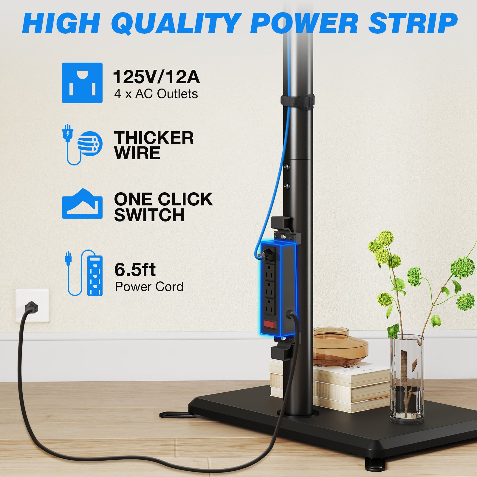 RTVR Universal Floor TV Stand with Swivel Mount & Power Strip for 32"-60" TVs up to 88 lbs, Height Adjustable Black