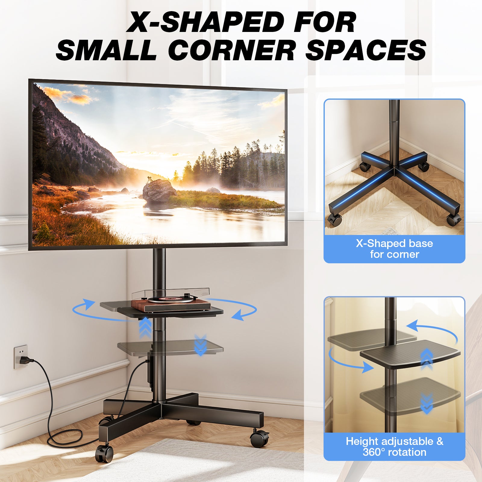 RTVR Rolling Mobile TV Stand Cart for 32 to 65 inch TVs with Power Outlet Adjustable Shelf, Outdoor Black