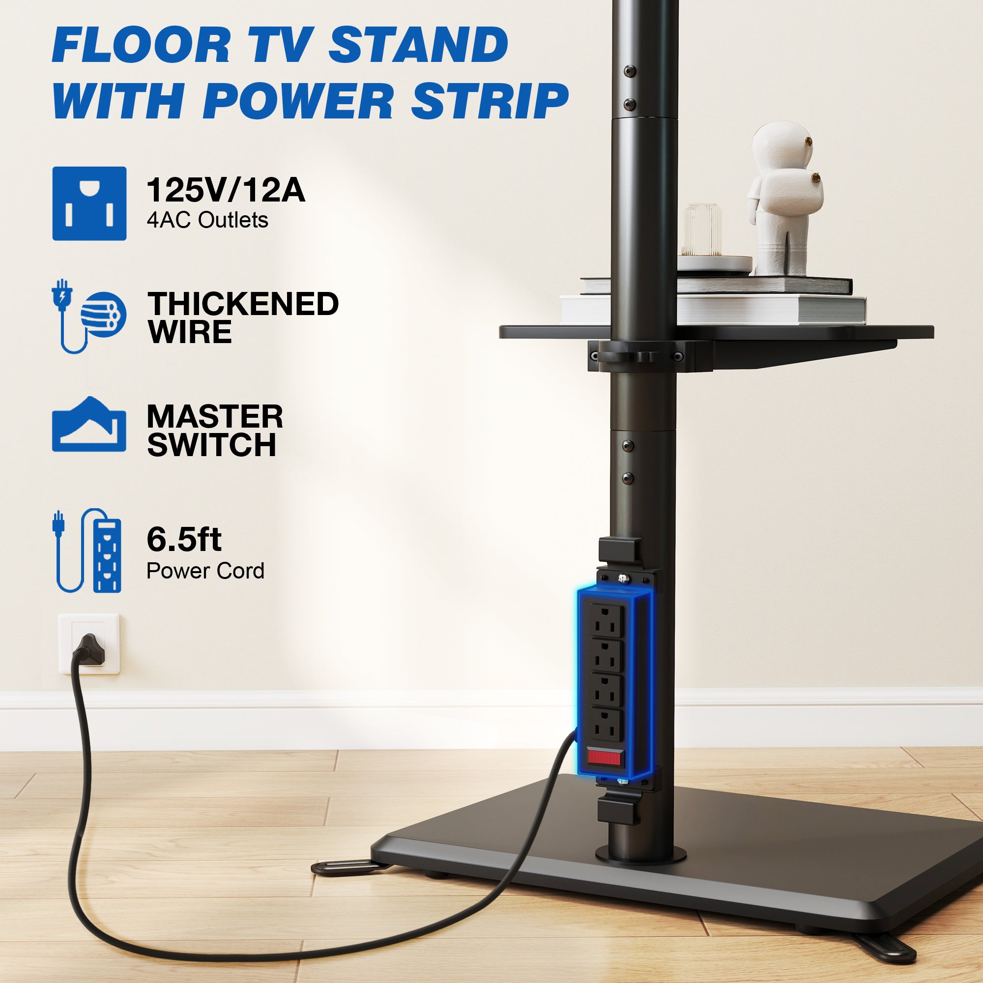 TAVR Furniture Floor TV Stand with Power Outlet for 32 to 60 inch Screens up to 88 lbs, Black Swivel Metal Tall TV Stand Mount