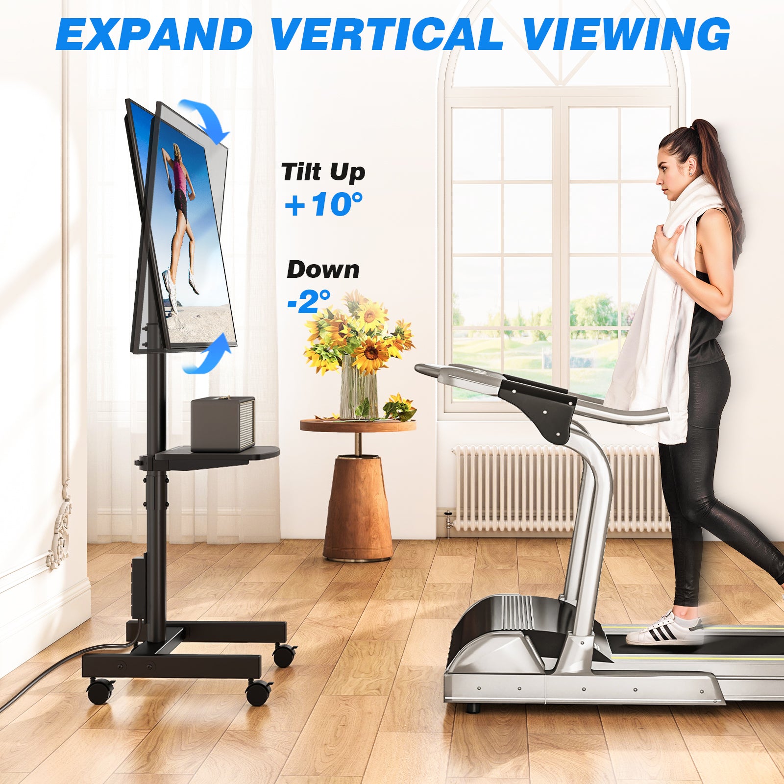 Rfiver Rolling TV Stand with Power Outlet for 13-50 Inch TVs, Tilting and Rotating Mobile TV Cart up to 55 lbs, Portrait to Landscap, Height Adjustable TV Floor Stand with Shelf, Max VESA 200x200mm