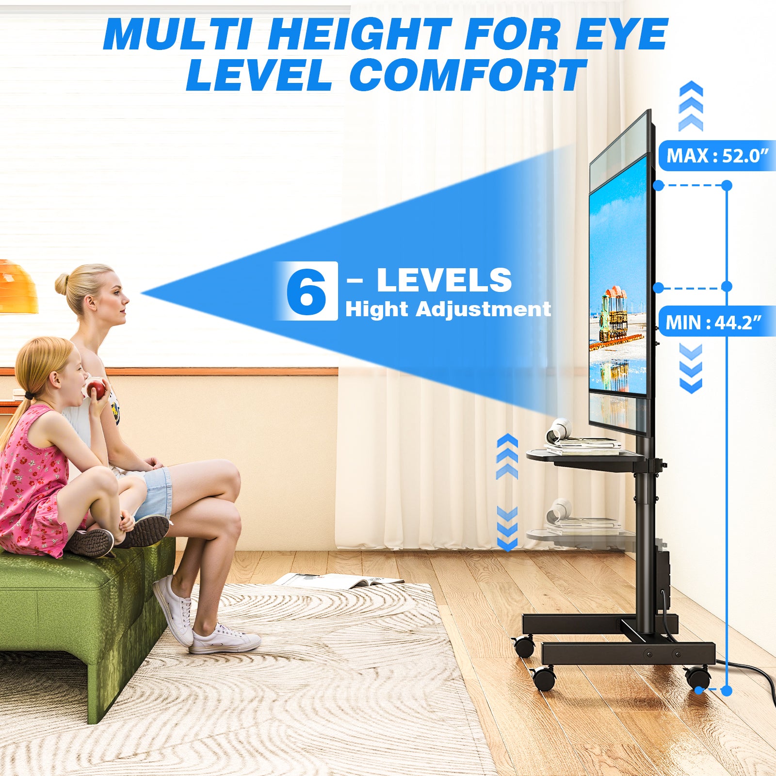 Rfiver Rolling TV Stand with Power Outlet for 13-50 Inch TVs, Tilting and Rotating Mobile TV Cart up to 55 lbs, Portrait to Landscap, Height Adjustable TV Floor Stand with Shelf, Max VESA 200x200mm