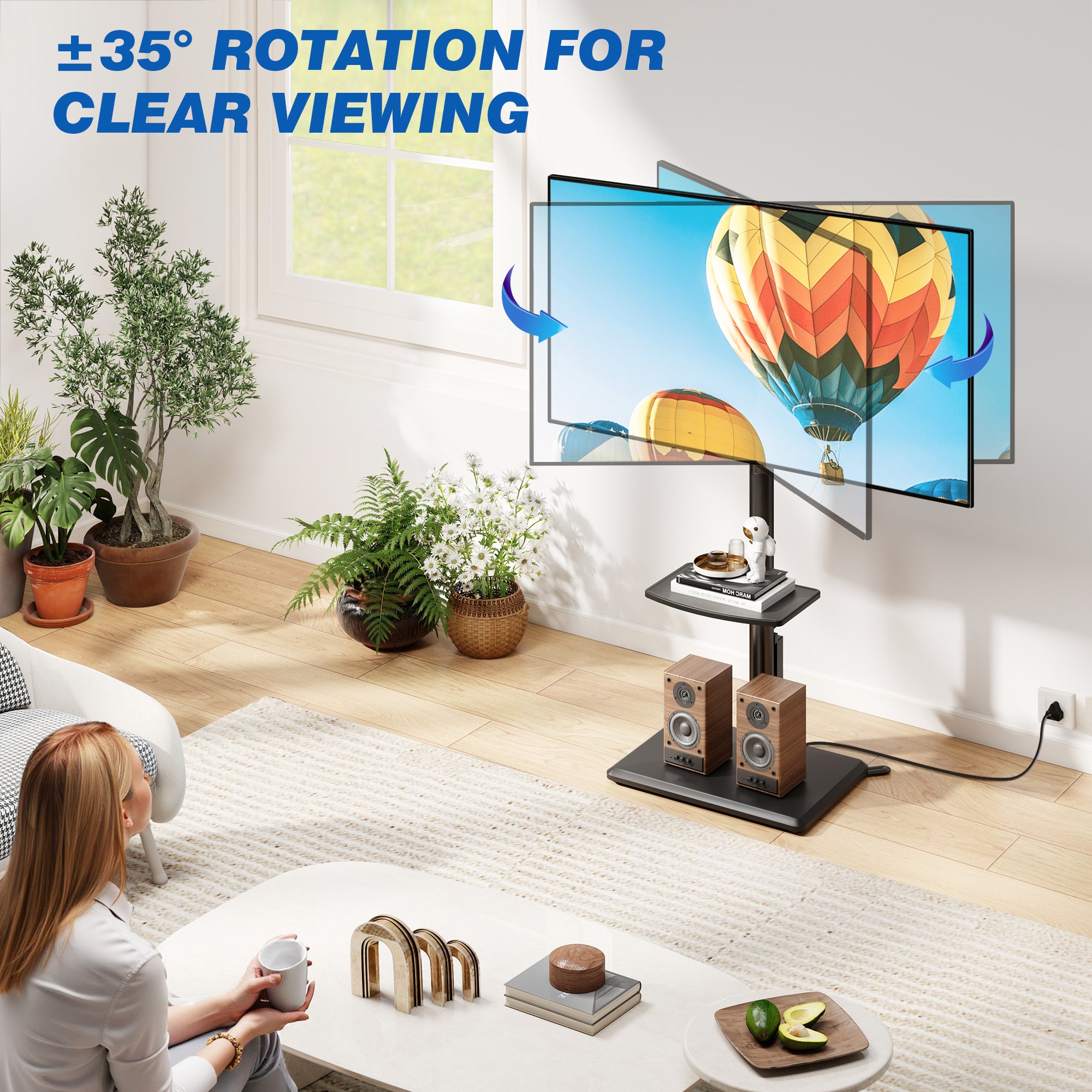 TAVR Furniture Floor TV Stand with Power Outlet for 32 to 60 inch Screens up to 88 lbs, Black Swivel Metal Tall TV Stand Mount