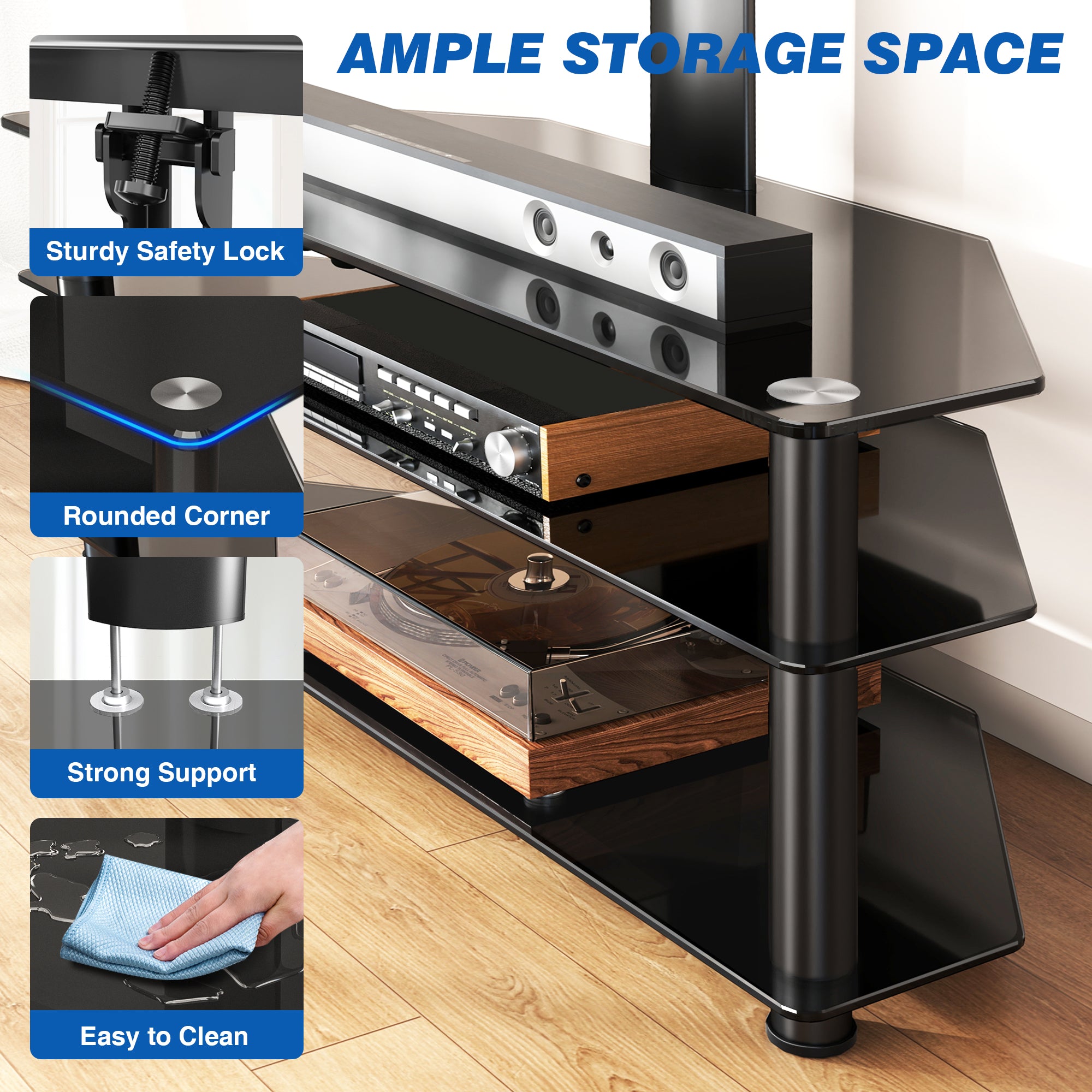 RTVR 3 in 1 Entertainment Center TV Stand with Glass Shelves for up to 70 inch Screens, Swivel Adjustable TV Mount Stand, Max VESA 600X400mm
