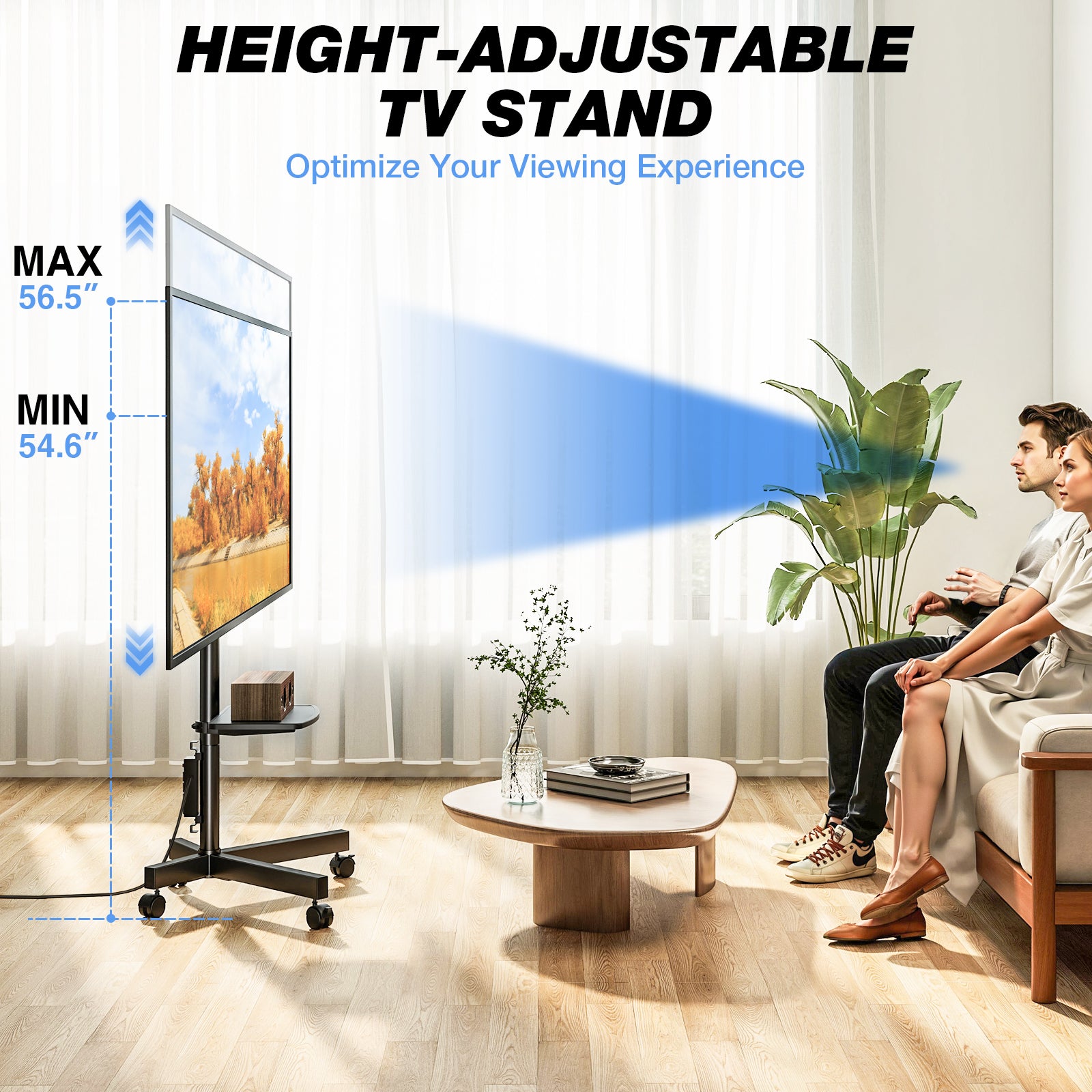 RTVR Rolling Mobile TV Stand Cart for 32 to 65 inch TVs with Power Outlet Adjustable Shelf, Outdoor Black