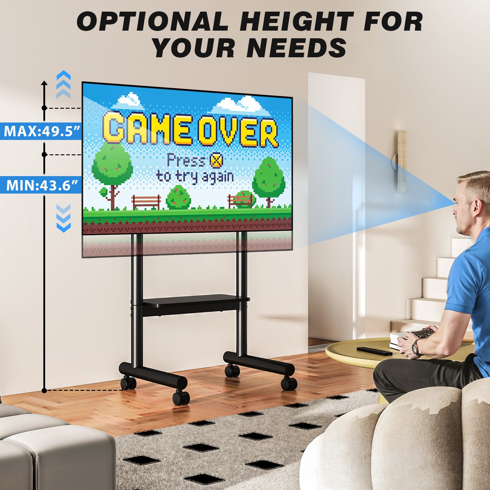 Rfiver Rolling TV Stand for 40-75 inch TVs, Portable TV Stand on Wheels up to 110 lbs, Height Adjustable Mobile TV Cart for Office, Living Room, Max VESA 400x400mm