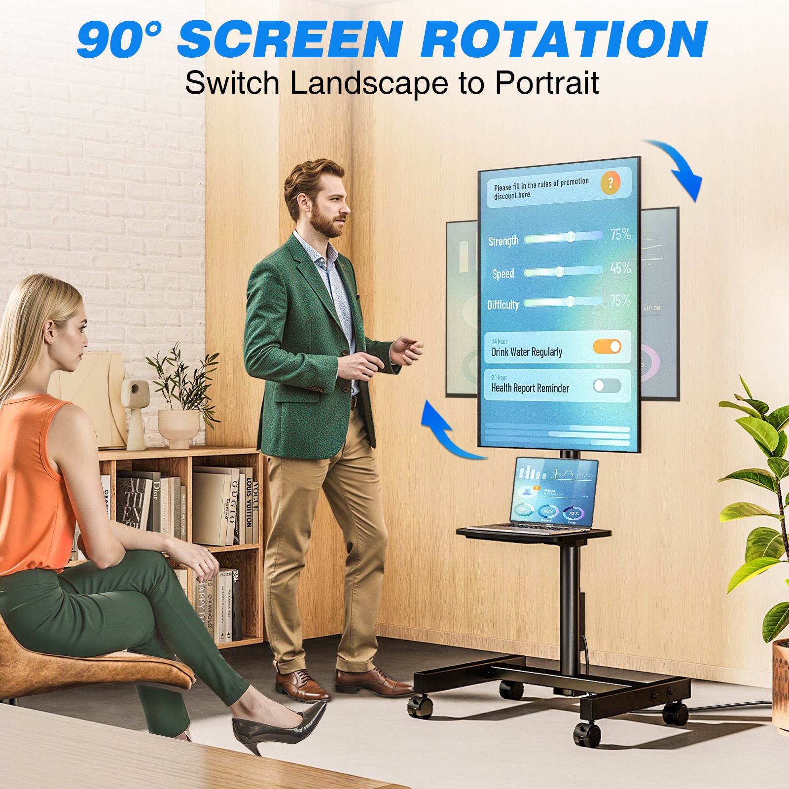 Rfiver Rolling TV Stand with Power Outlet for 13-50 Inch TVs, Tilting and Rotating Mobile TV Cart up to 55 lbs, Portrait to Landscap, Height Adjustable TV Floor Stand with Shelf, Max VESA 200x200mm
