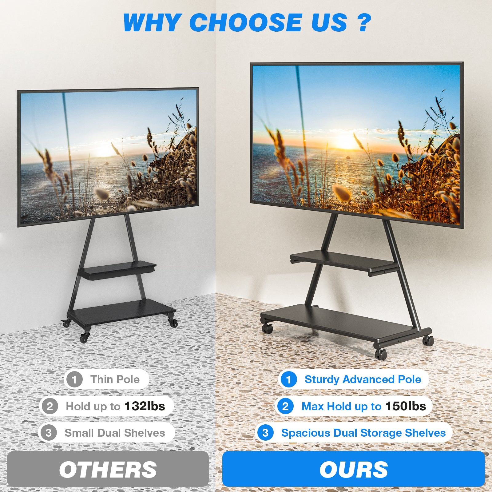 Rfiver Heavy Duty Rolling TV Stand for 43-80 Inch TVs up to 150lbs