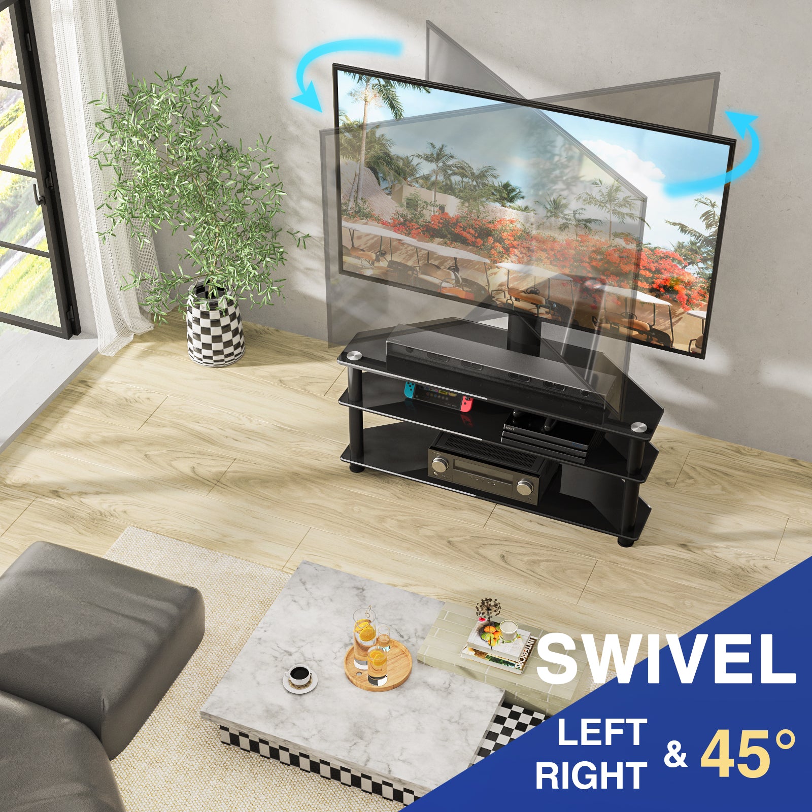 RTVR 3 in 1 Entertainment Center TV Stand with Glass Shelves for up to 70 inch Screens, Swivel Adjustable TV Mount Stand, Max VESA 600X400mm