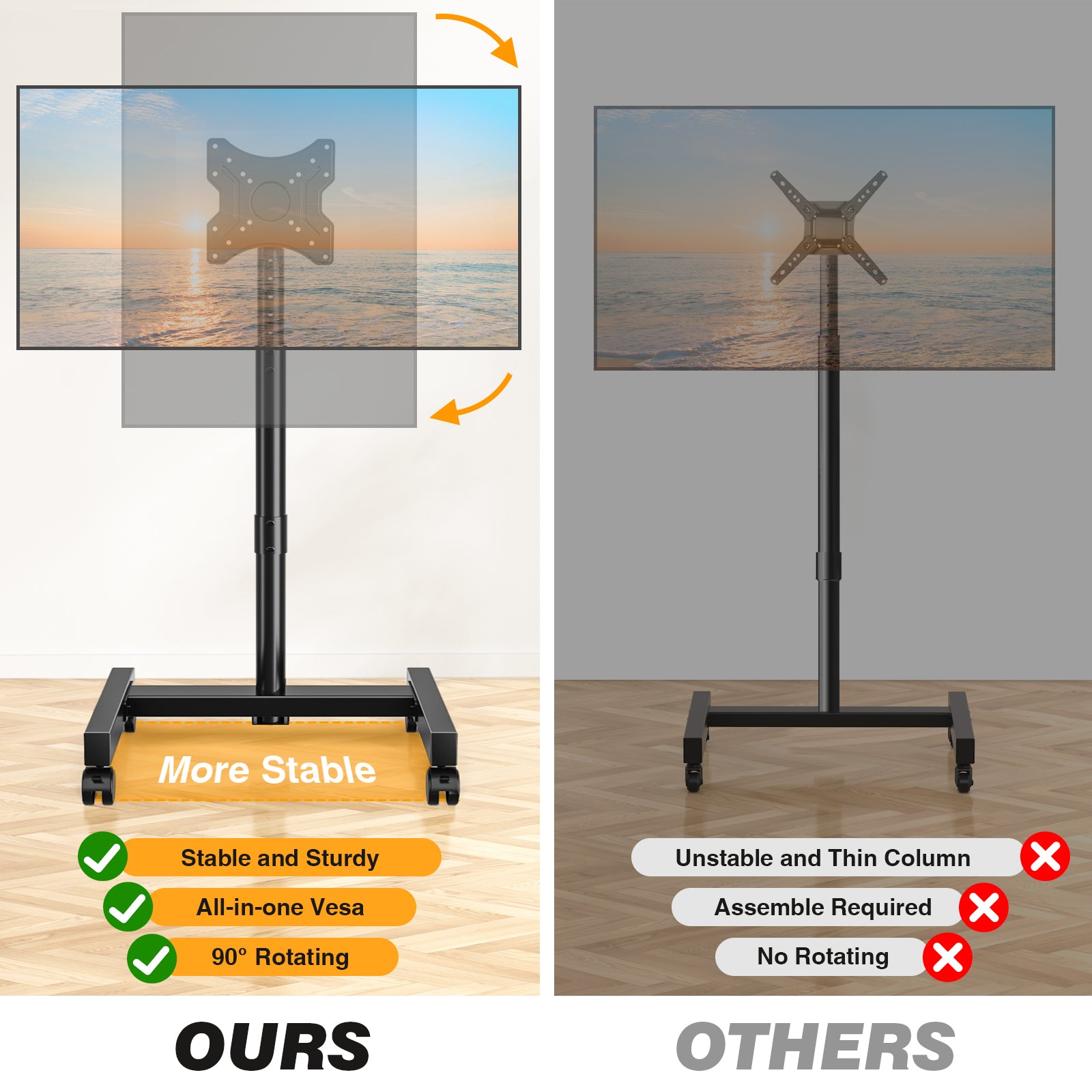RTVR Rolling TV Stand with Wheels for 13 to 50 inch Screens, Mobile TV Mount Floor Stand Tilt Cart