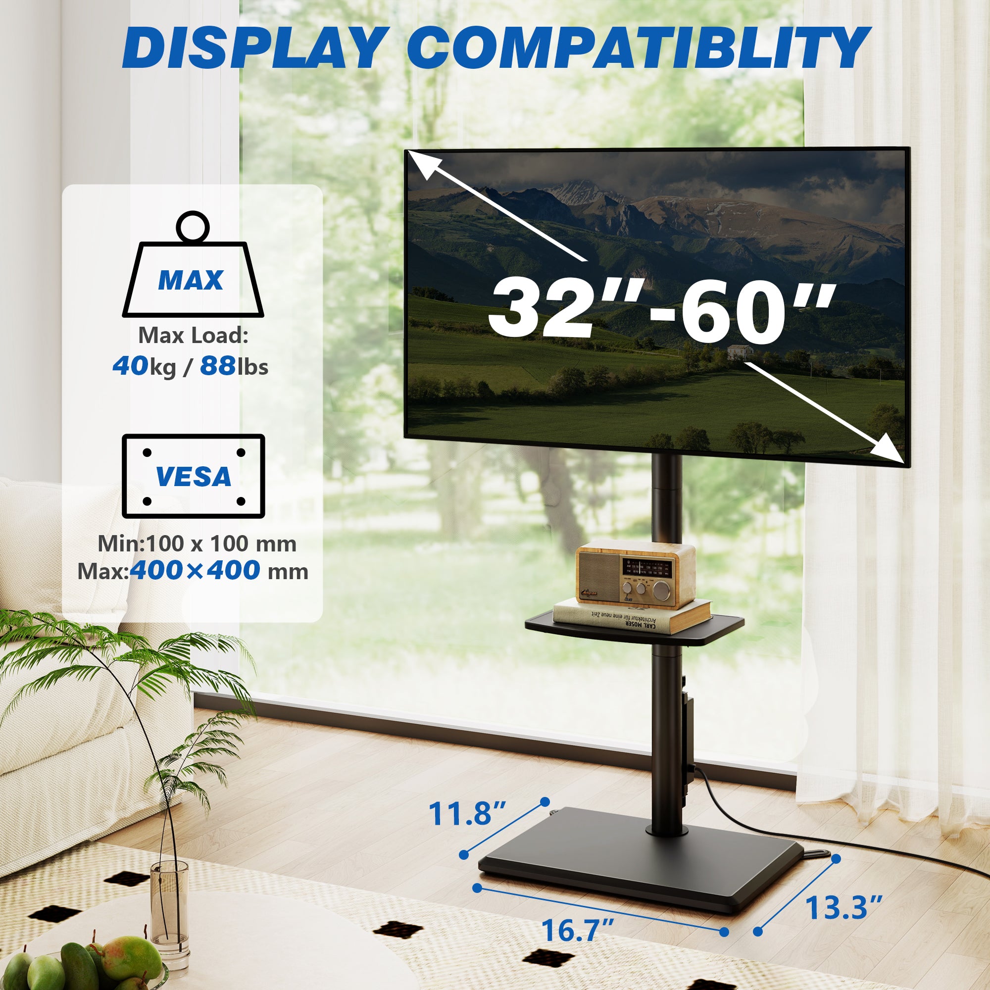 TAVR Furniture Floor TV Stand with Power Outlet for 32 to 60 inch Screens up to 88 lbs, Black Swivel Metal Tall TV Stand Mount