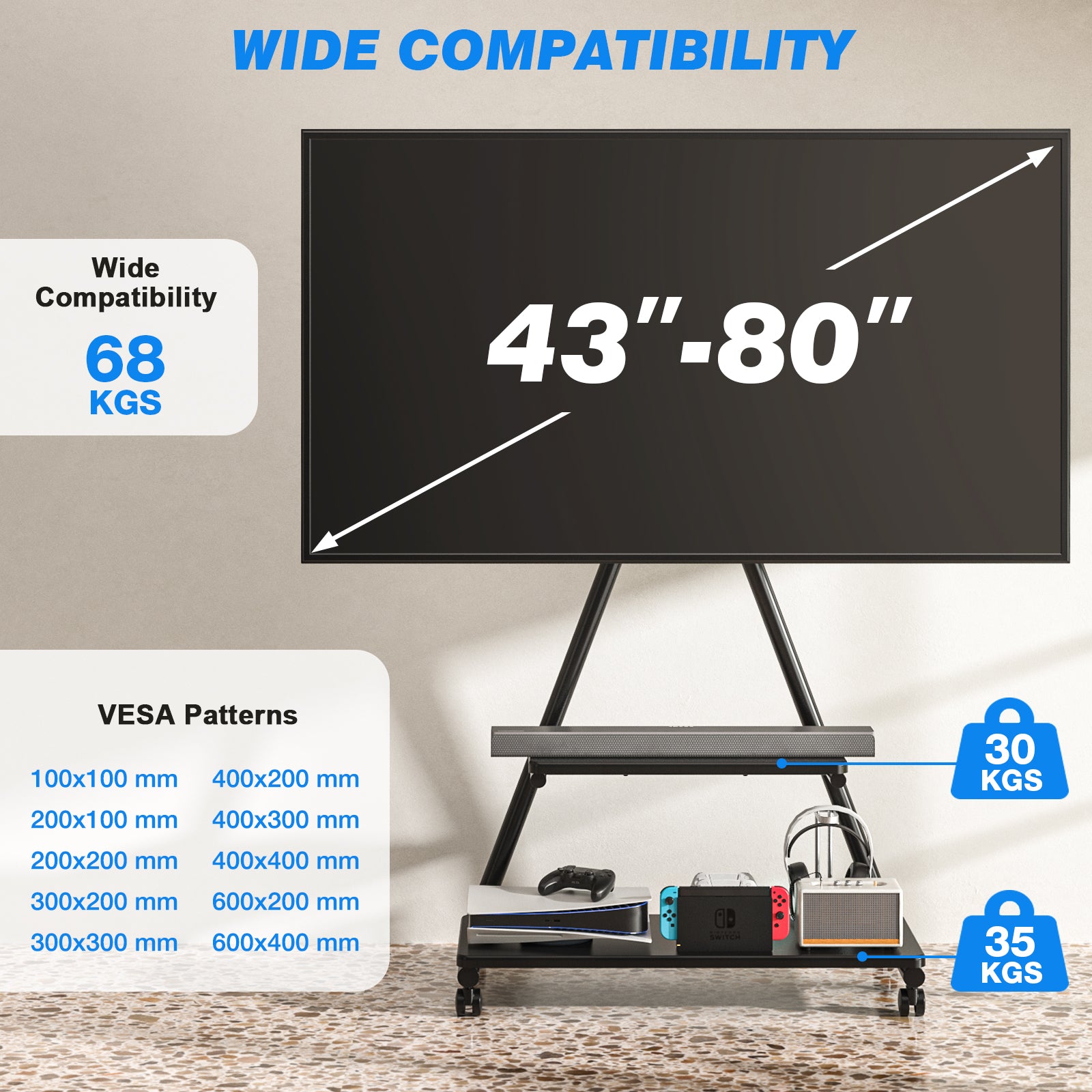 Rfiver Heavy Duty Rolling TV Stand for 43-80 Inch TVs up to 150lbs