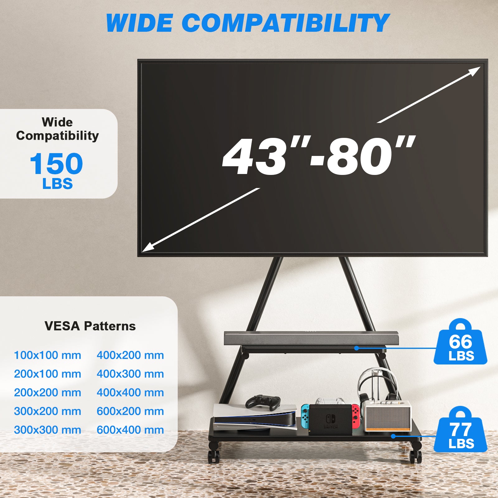 Rfiver Heavy Duty Rolling TV Stand for 43-80 Inch TVs up to 150lbs