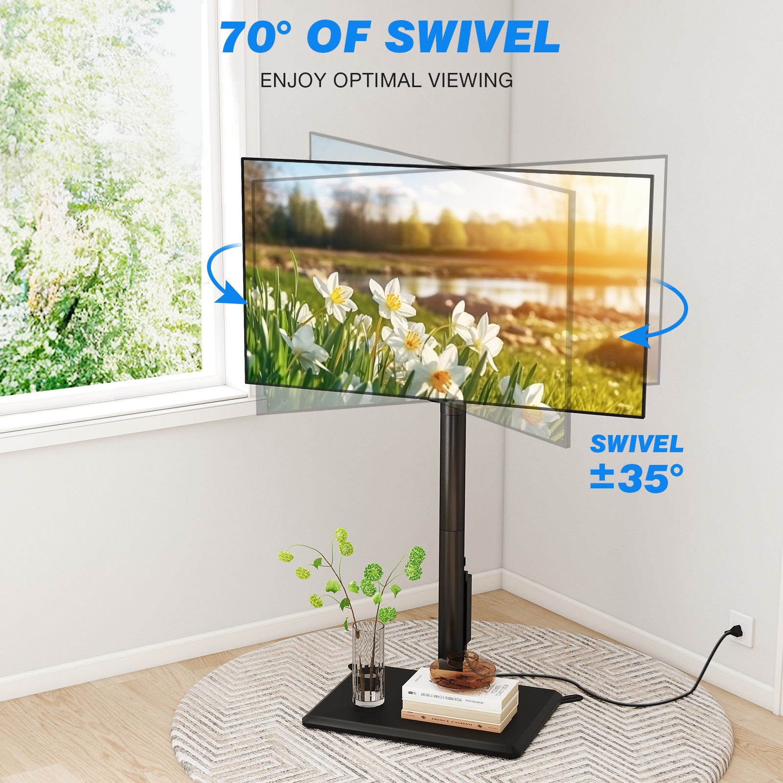 RTVR Universal Floor TV Stand with Swivel Mount & Power Strip for 32"-60" TVs up to 88 lbs, Height Adjustable Black