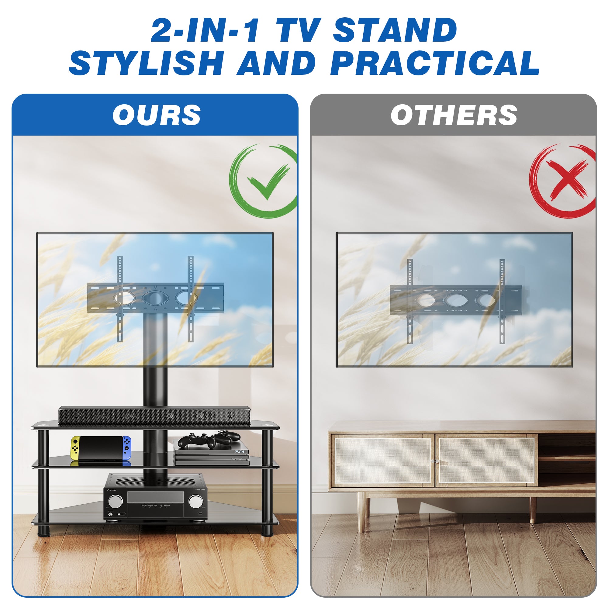 RTVR 3 in 1 Entertainment Center TV Stand with Glass Shelves for up to 70 inch Screens, Swivel Adjustable TV Mount Stand, Max VESA 600X400mm
