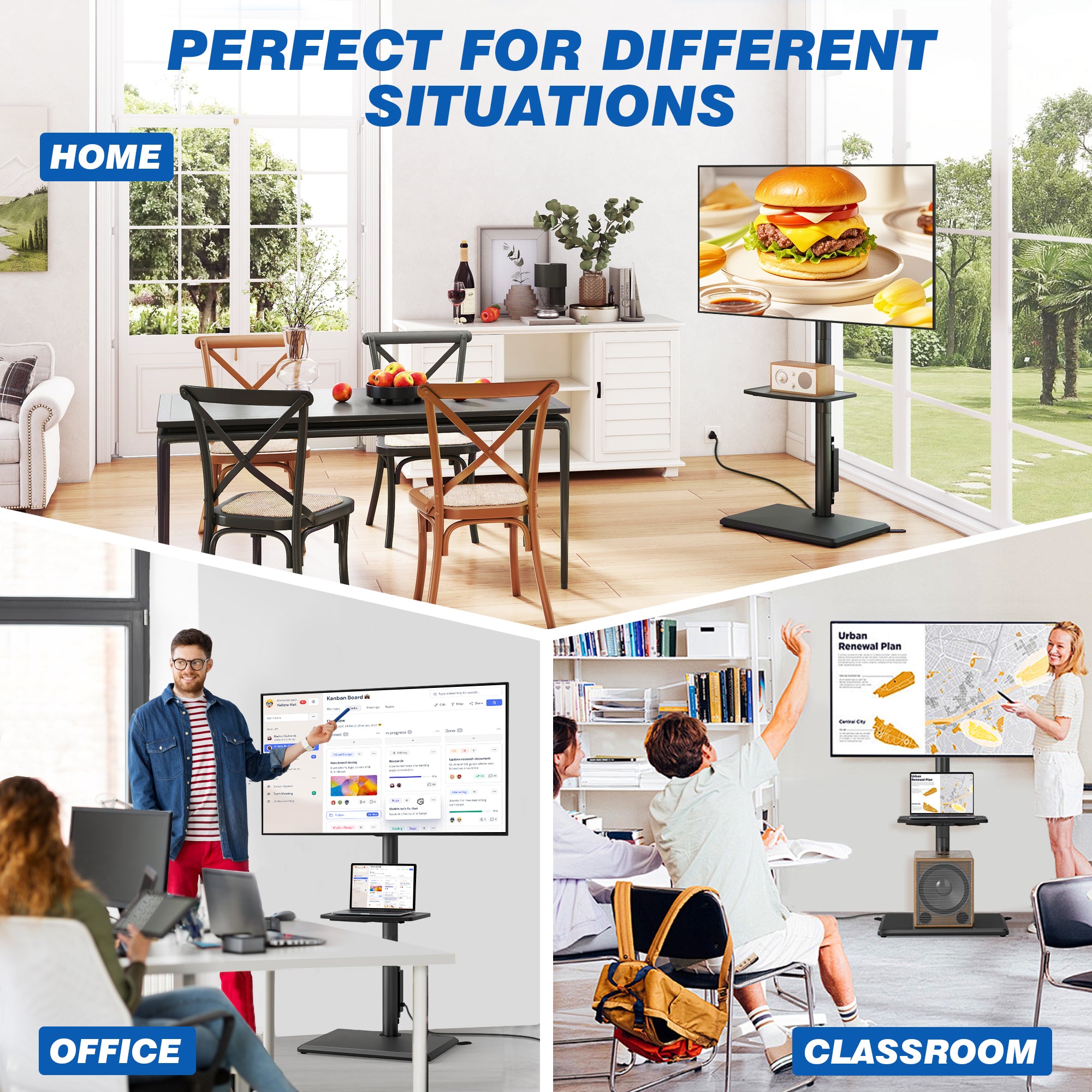 TAVR Furniture Floor TV Stand with Power Outlet for 32 to 60 inch Screens up to 88 lbs, Black Swivel Metal Tall TV Stand Mount