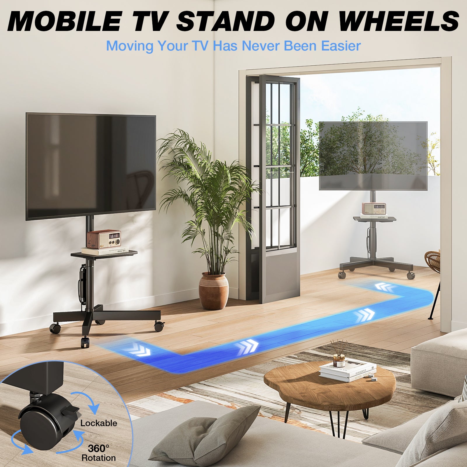 RTVR Rolling Mobile TV Stand Cart for 32 to 65 inch TVs with Power Outlet Adjustable Shelf, Outdoor Black