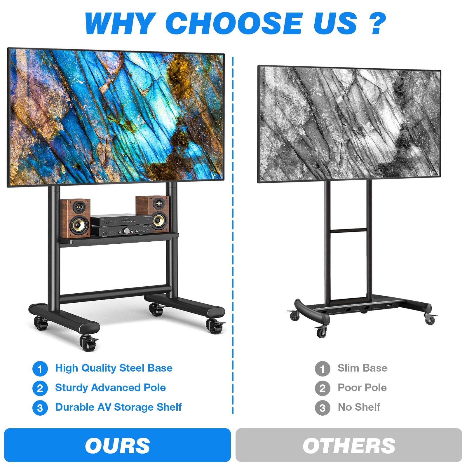 Rfiver Heavy Duty Mobile TV Stand for 50-92 Inch Large TVs up to 200lbs