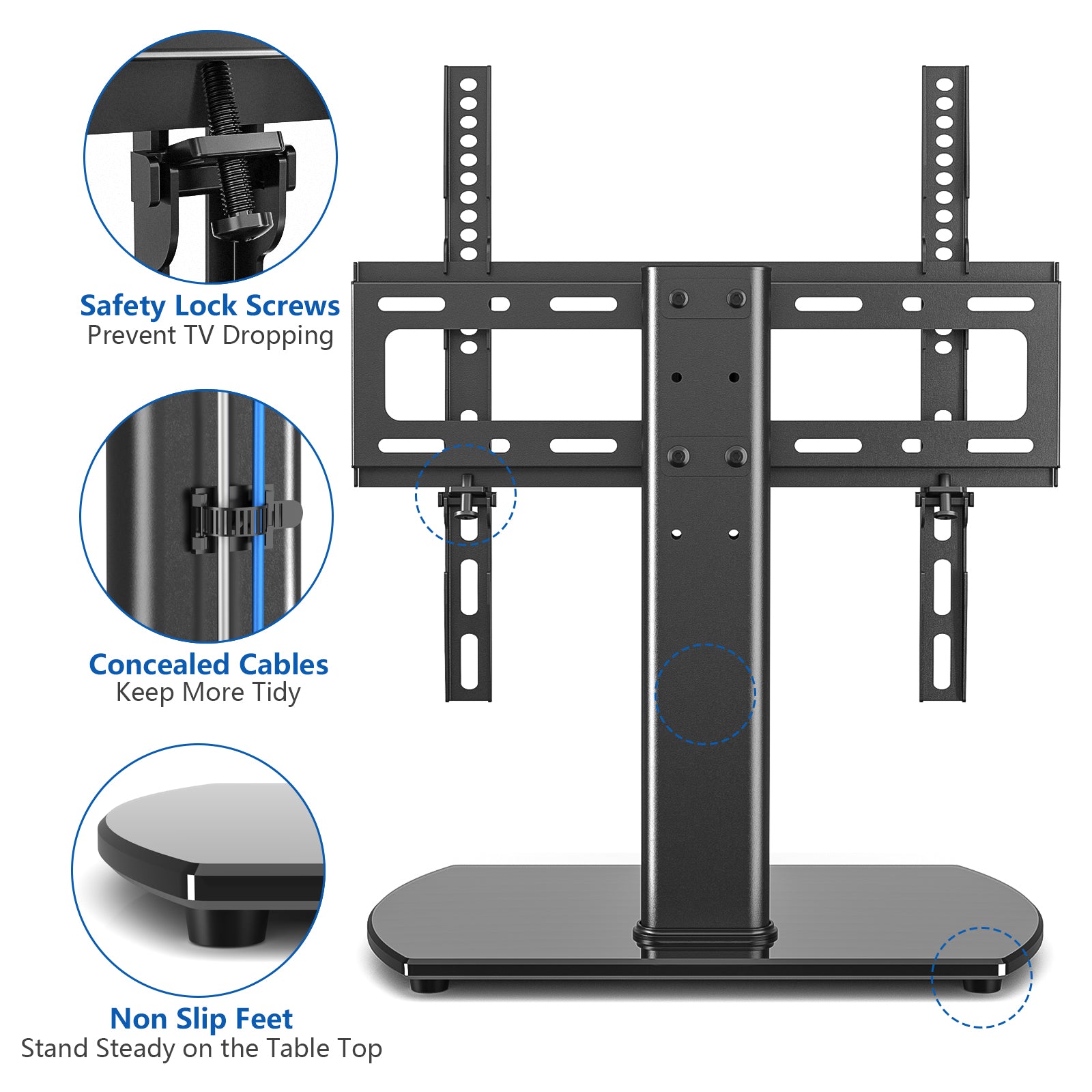 RTVR Universal Swivel Tabletop TV Base Stand for 27-60 inch Flat Screens, Black Table Top TV Mount with Glass Base