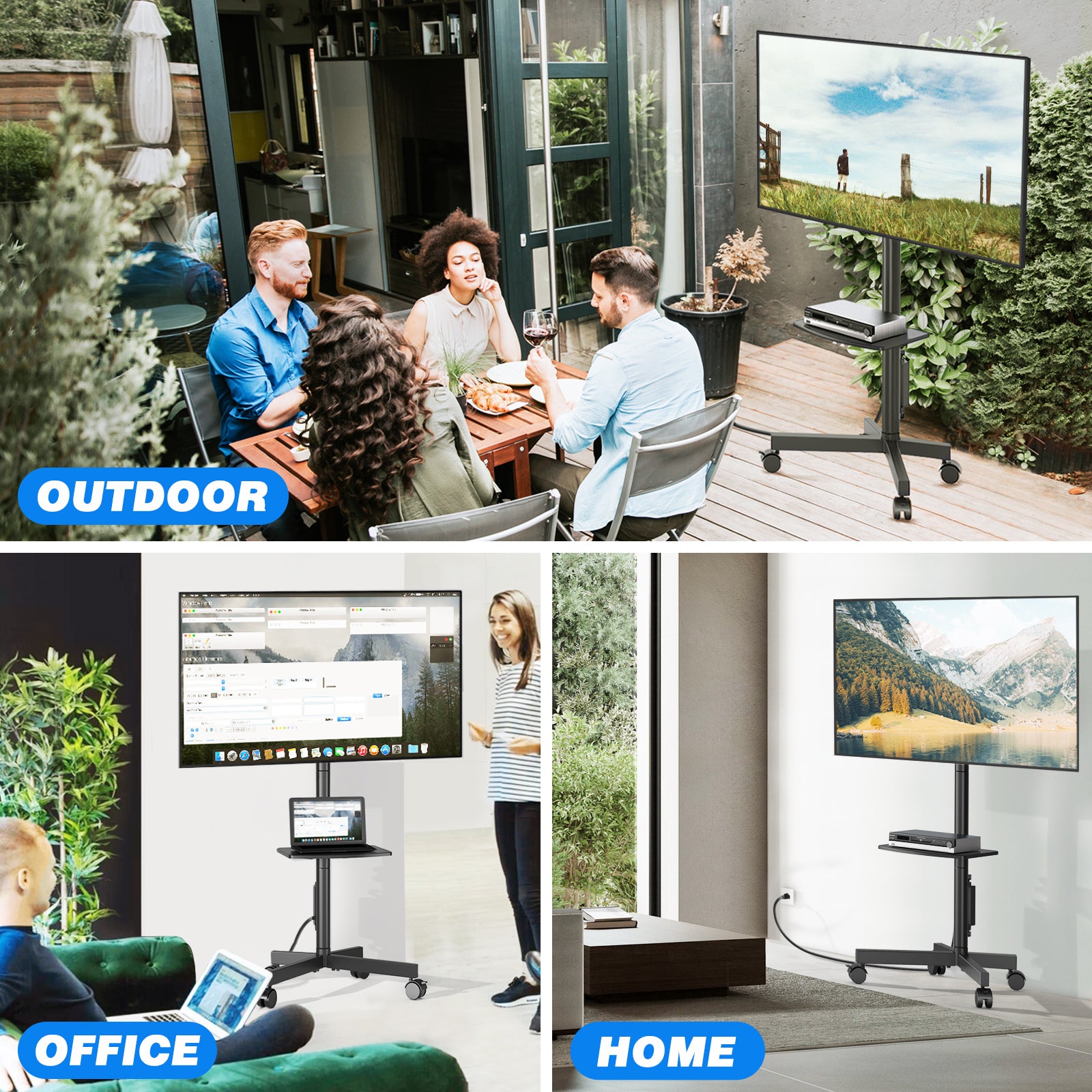 RTVR Rolling TV Cart Stand for 32 to 65 inch Flat Panel Screens with Power Outlet, Mobile TV Stand Modern Black
