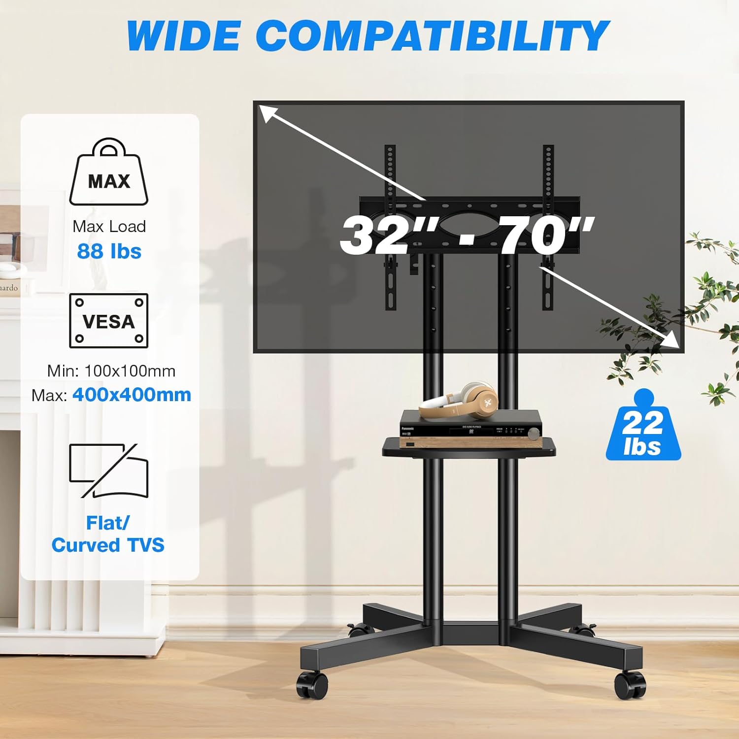 Rfiver Rolling TV Stand with Power Outlet Mobile TV Cart for 32-70 Inch TVs