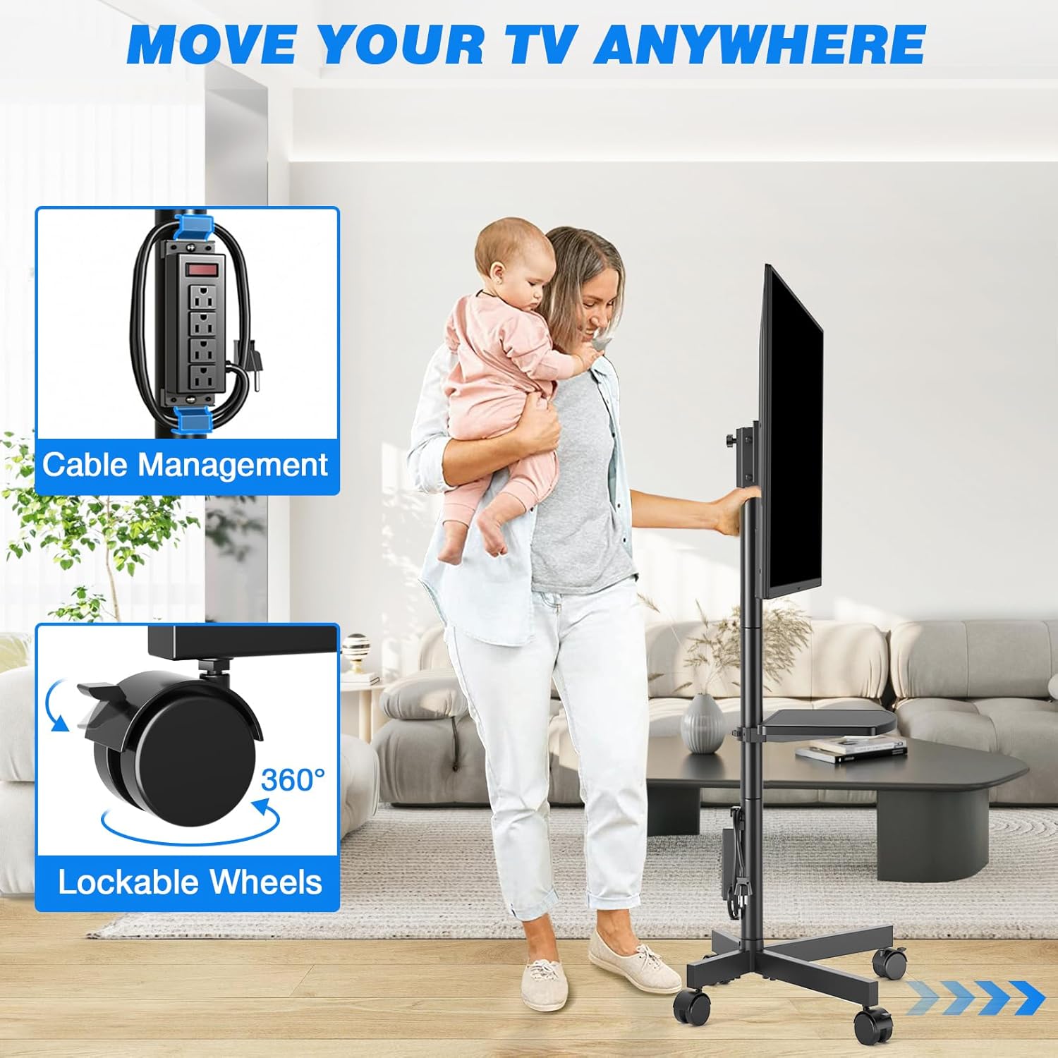 Rfiver Mobile TV Cart for 23-60 Inch Rolling TV Stand with Power Outlet