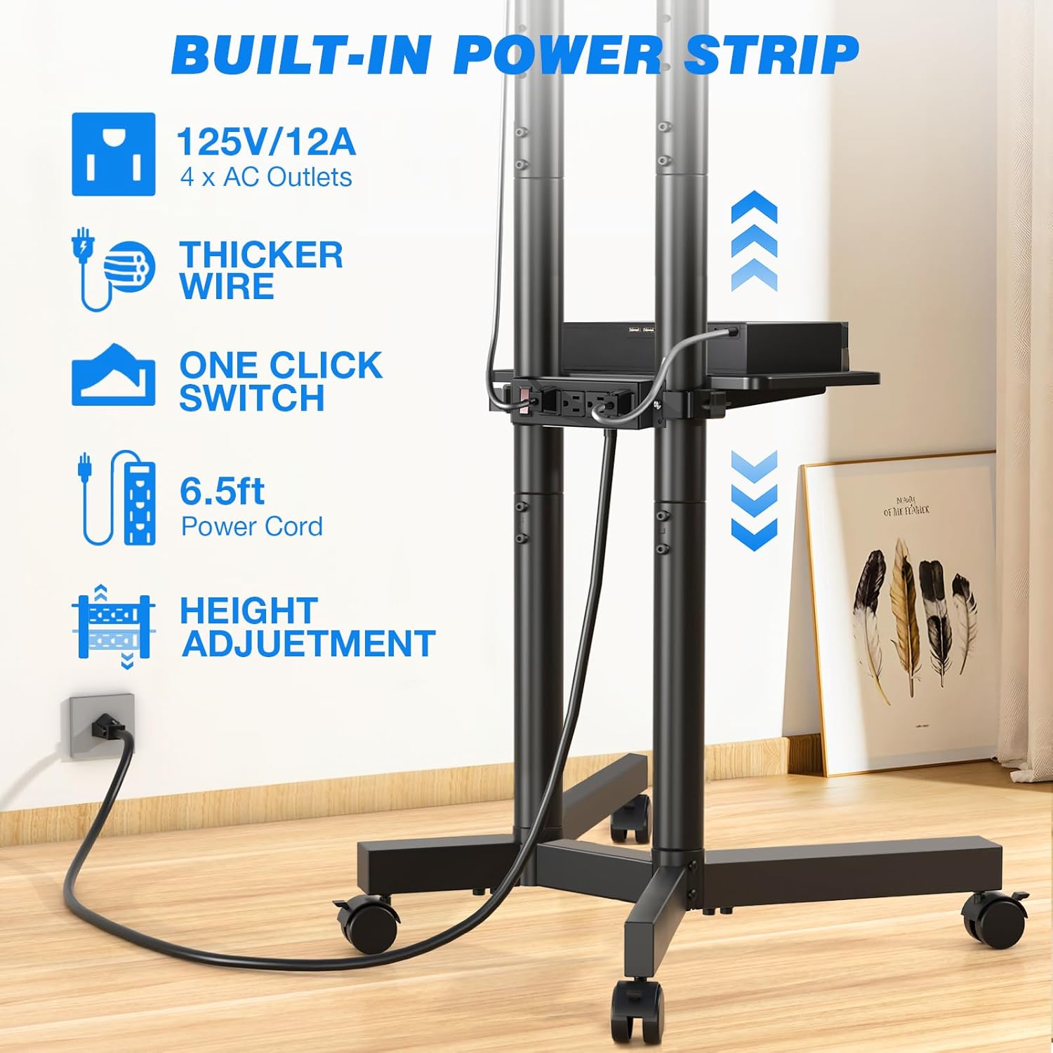 Rfiver Rolling TV Stand with Power Outlet Mobile TV Cart for 32-70 Inch TVs