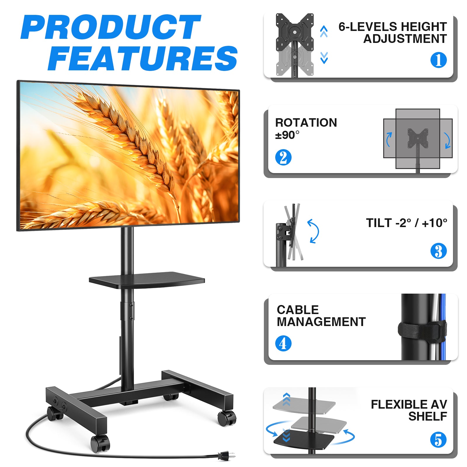 Rfiver Rolling TV Stand with Power Outlet for 13-50 Inch TVs, Tilting and Rotating Mobile TV Cart up to 55 lbs, Portrait to Landscap, Height Adjustable TV Floor Stand with Shelf, Max VESA 200x200mm