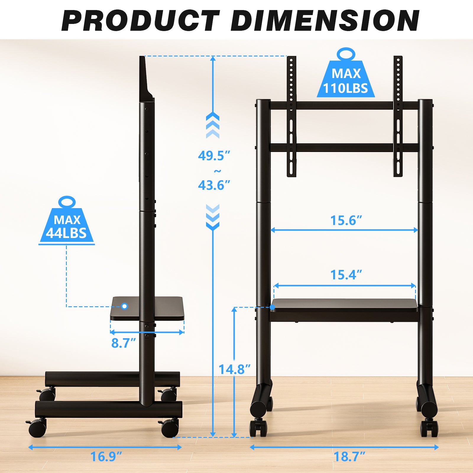 Rfiver Rolling TV Stand for 40-75 inch TVs, Portable TV Stand on Wheels up to 110 lbs, Height Adjustable Mobile TV Cart for Office, Living Room, Max VESA 400x400mm