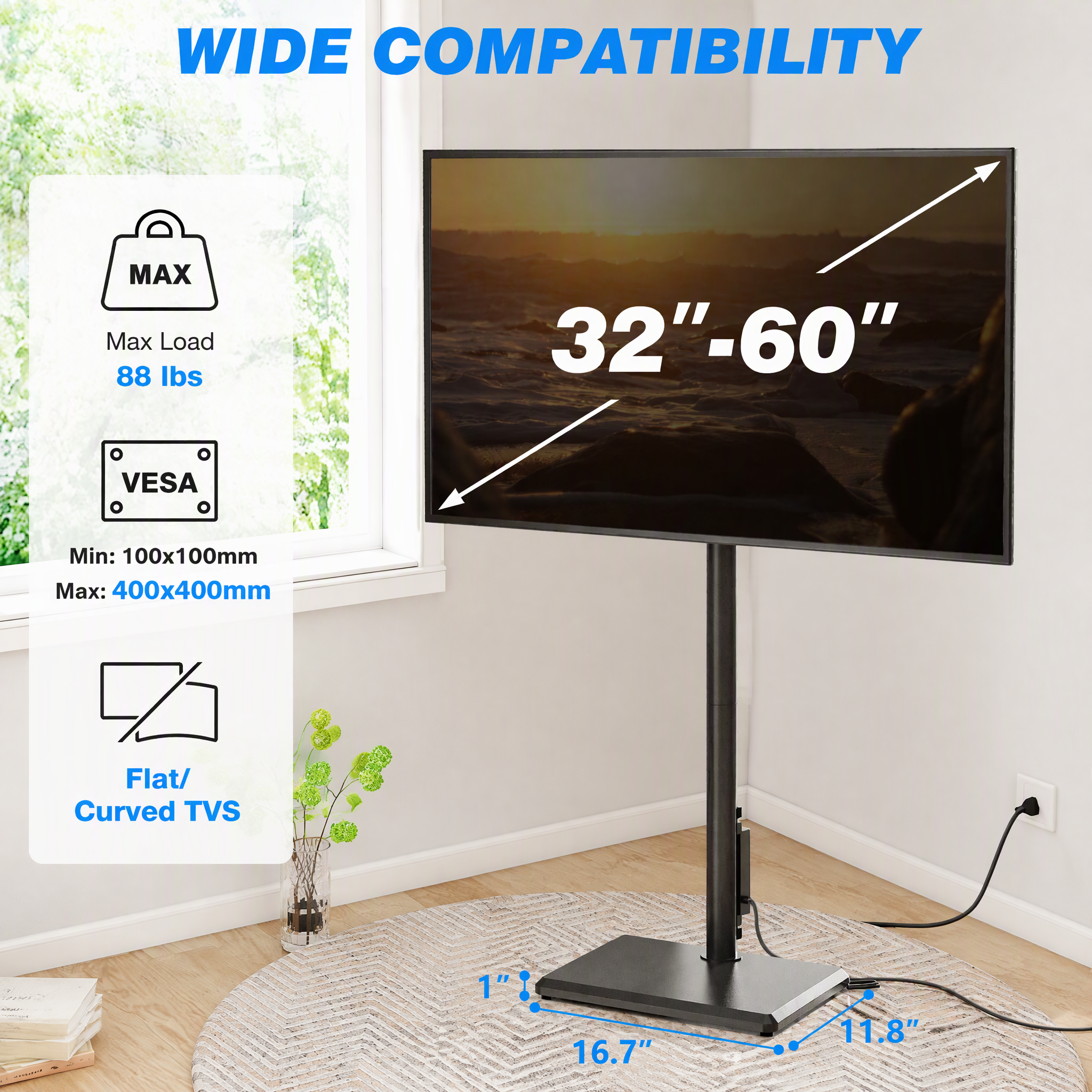 RTVR Universal Floor TV Stand with Swivel Mount & Power Strip for 32"-60" TVs up to 88 lbs, Height Adjustable Black