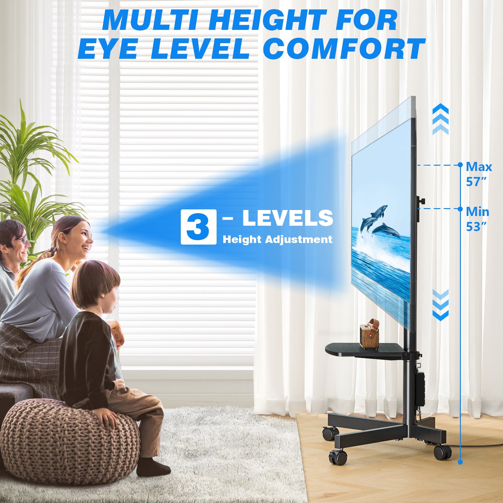 RTVR Rolling TV Cart Stand for 32 to 65 inch Flat Panel Screens with Power Outlet, Mobile TV Stand Modern Black