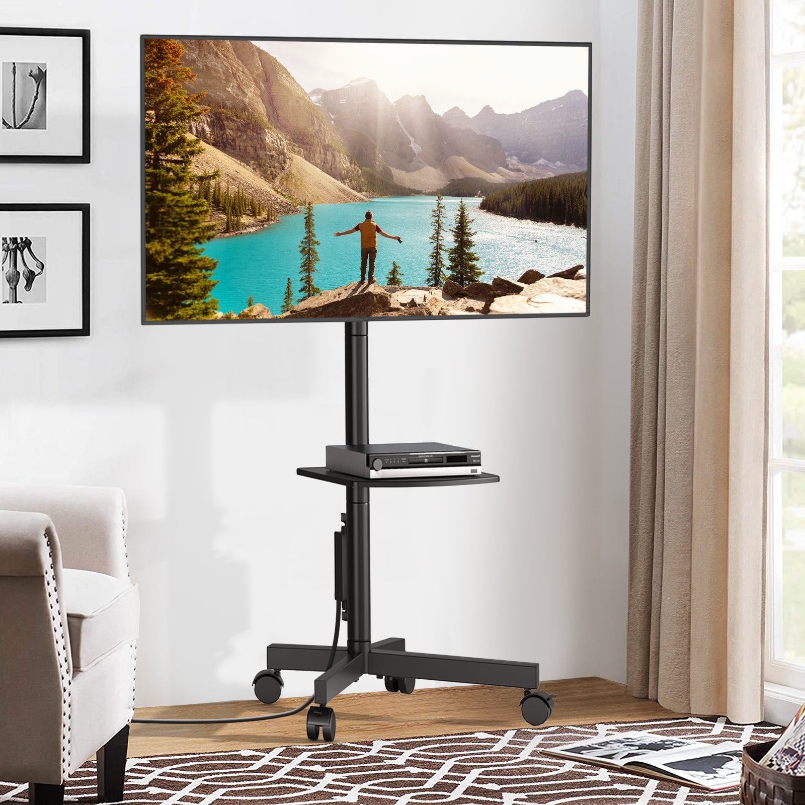 RTVR Rolling Mobile TV Stand Cart for 32 to 65 inch TVs with Power Outlet Adjustable Shelf, Outdoor Black