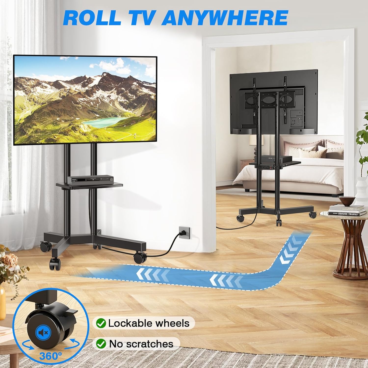 Rfiver Rolling TV Stand with Power Outlet Mobile TV Cart for 32-70 Inch TVs