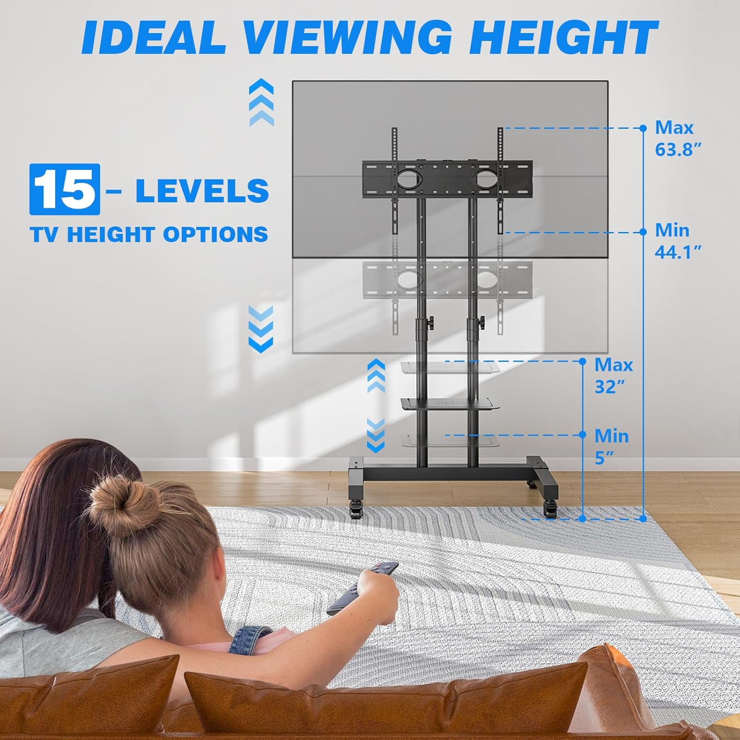 Rfiver Rolling TV Stand with Shelf Mobile TV Cart for 32-83 Inch Screens