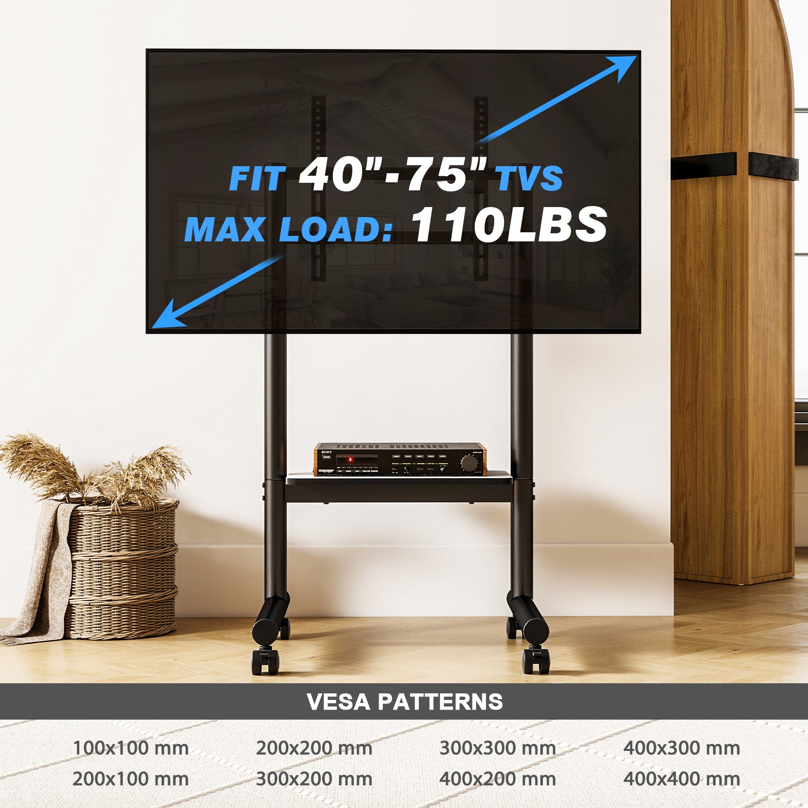 Rfiver Rolling TV Stand for 40-75 inch TVs, Portable TV Stand on Wheels up to 110 lbs, Height Adjustable Mobile TV Cart for Office, Living Room, Max VESA 400x400mm