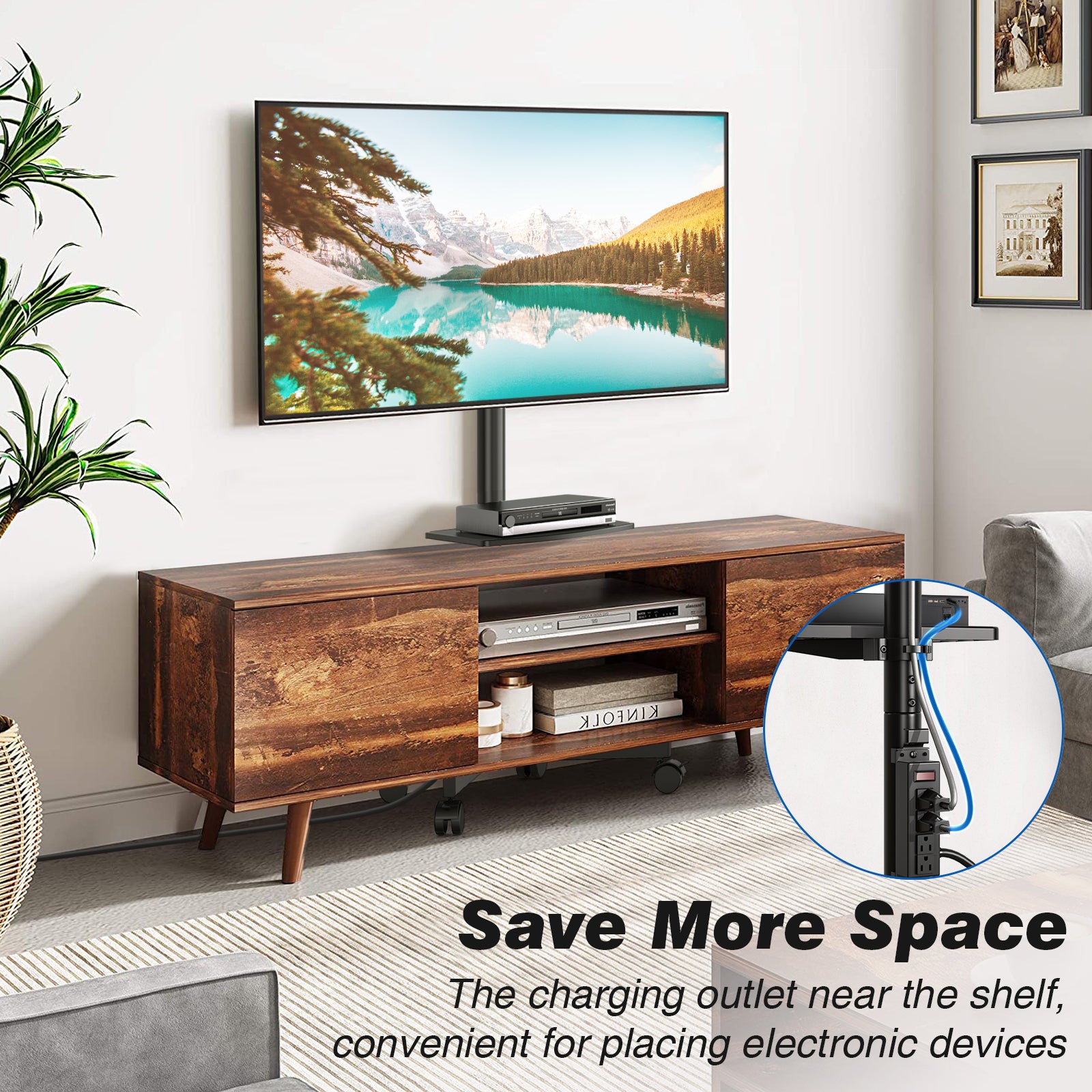 RTVR Rolling Mobile TV Stand Cart for 32 to 65 inch TVs with Power Outlet Adjustable Shelf, Outdoor Black