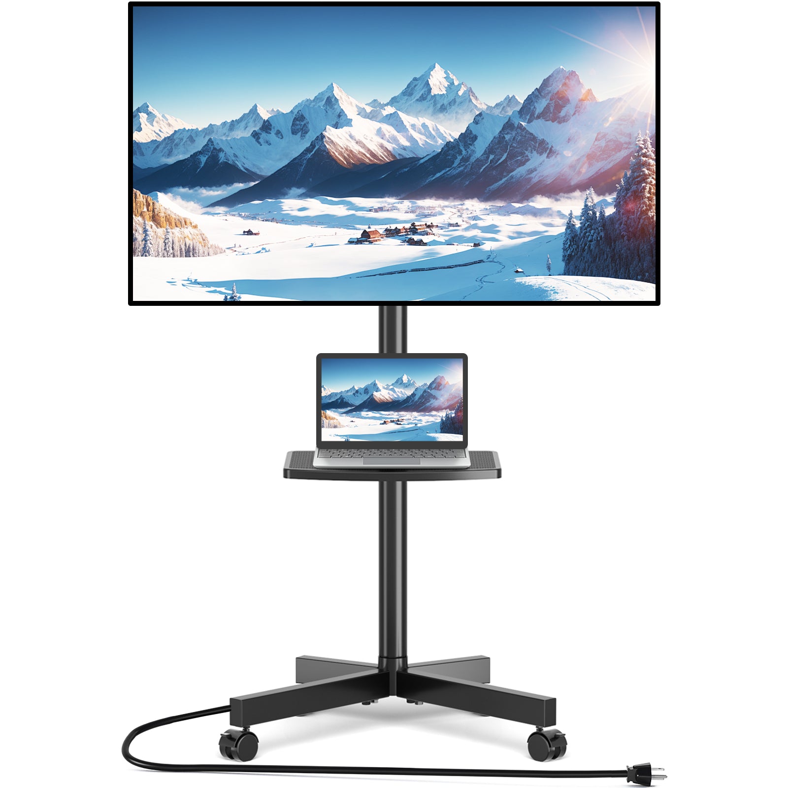 RTVR Rolling TV Cart Stand for 32 to 65 inch Flat Panel Screens with Power Outlet, Mobile TV Stand Modern Black