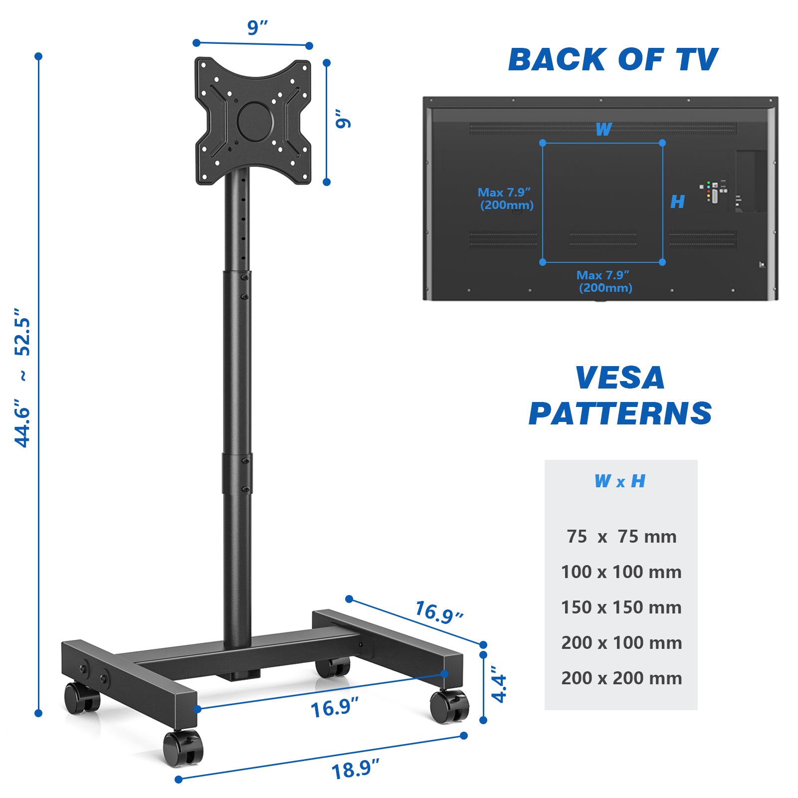 RTVR Rolling TV Stand with Wheels for 13 to 50 inch Screens, Mobile TV Mount Floor Stand Tilt Cart