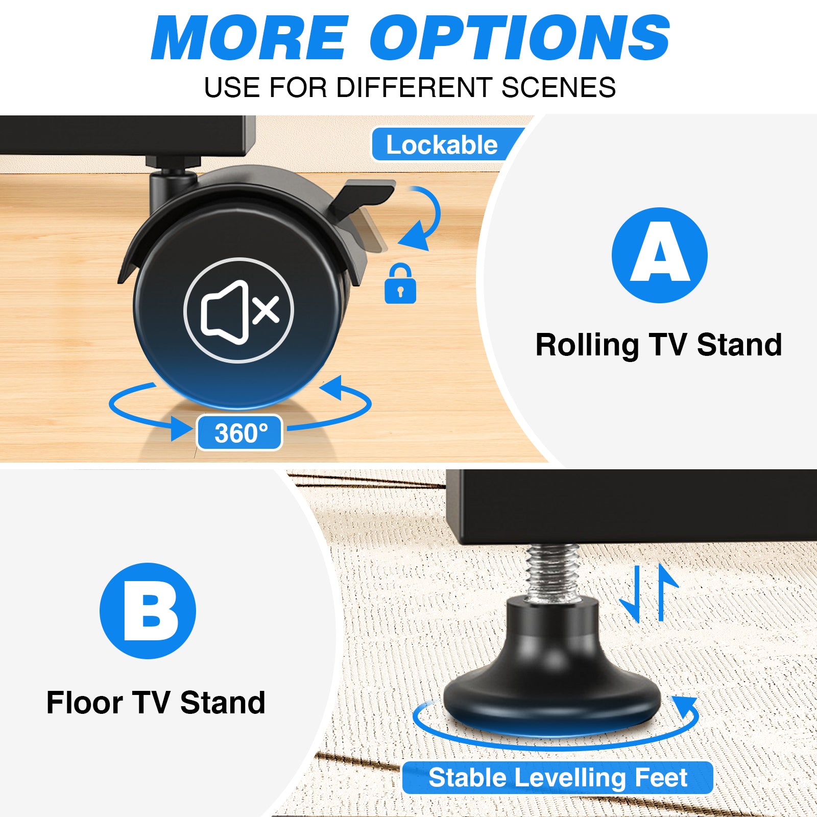 Rfiver Rolling TV Stand with Power Outlet for 13-50 Inch TVs, Tilting and Rotating Mobile TV Cart up to 55 lbs, Portrait to Landscap, Height Adjustable TV Floor Stand with Shelf, Max VESA 200x200mm