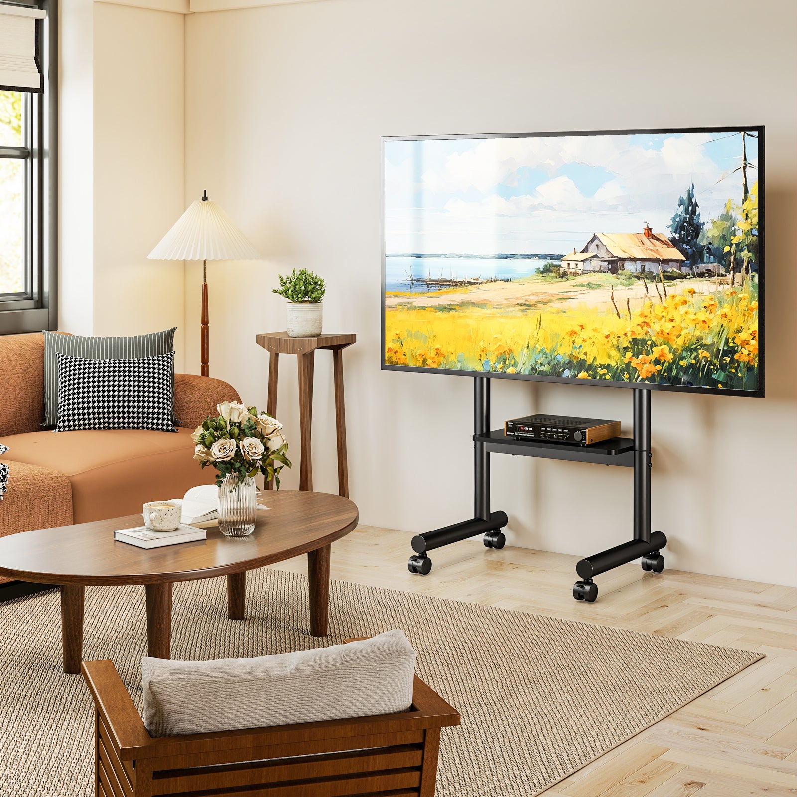 Rfiver Rolling TV Stand for 40-75 inch TVs, Portable TV Stand on Wheels up to 110 lbs, Height Adjustable Mobile TV Cart for Office, Living Room, Max VESA 400x400mm