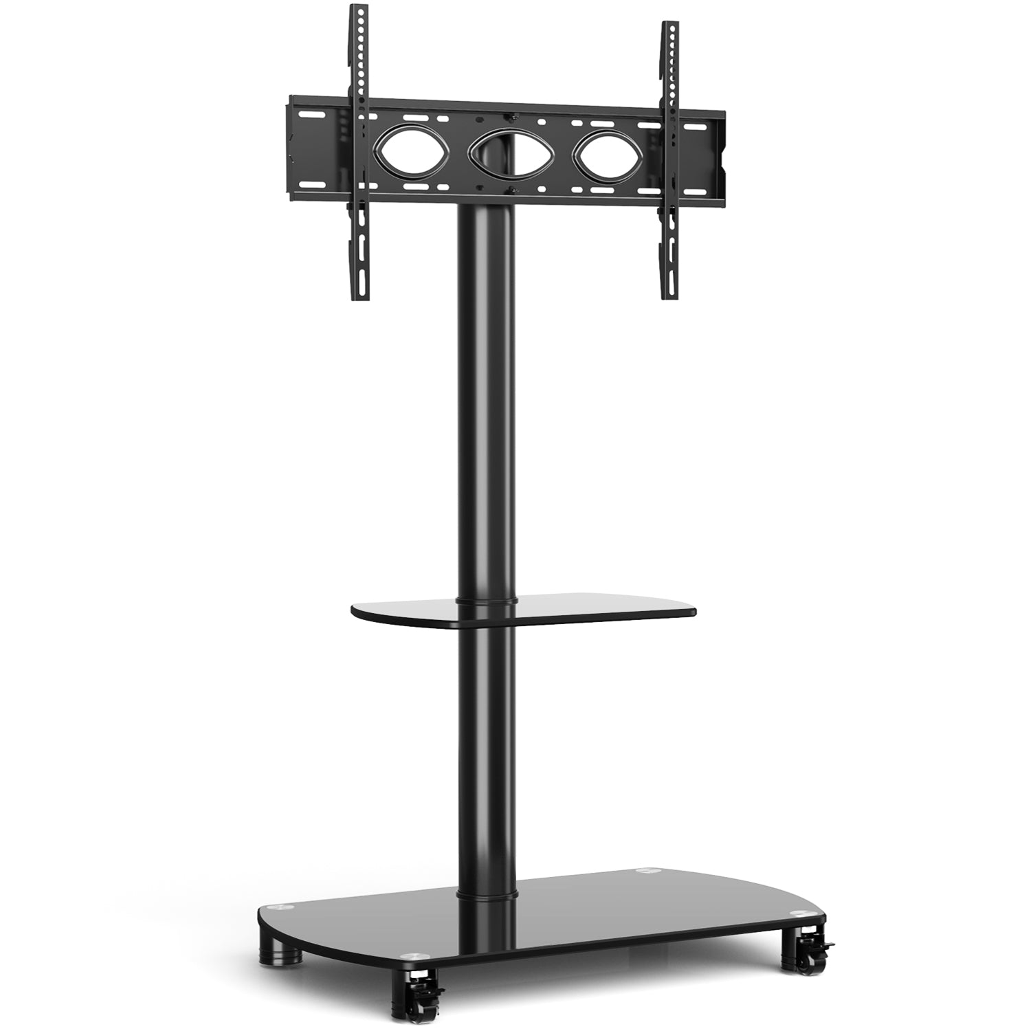 Rfiver Swivel Mobile Floor TV Stand with 2 Glass Shelves for 32