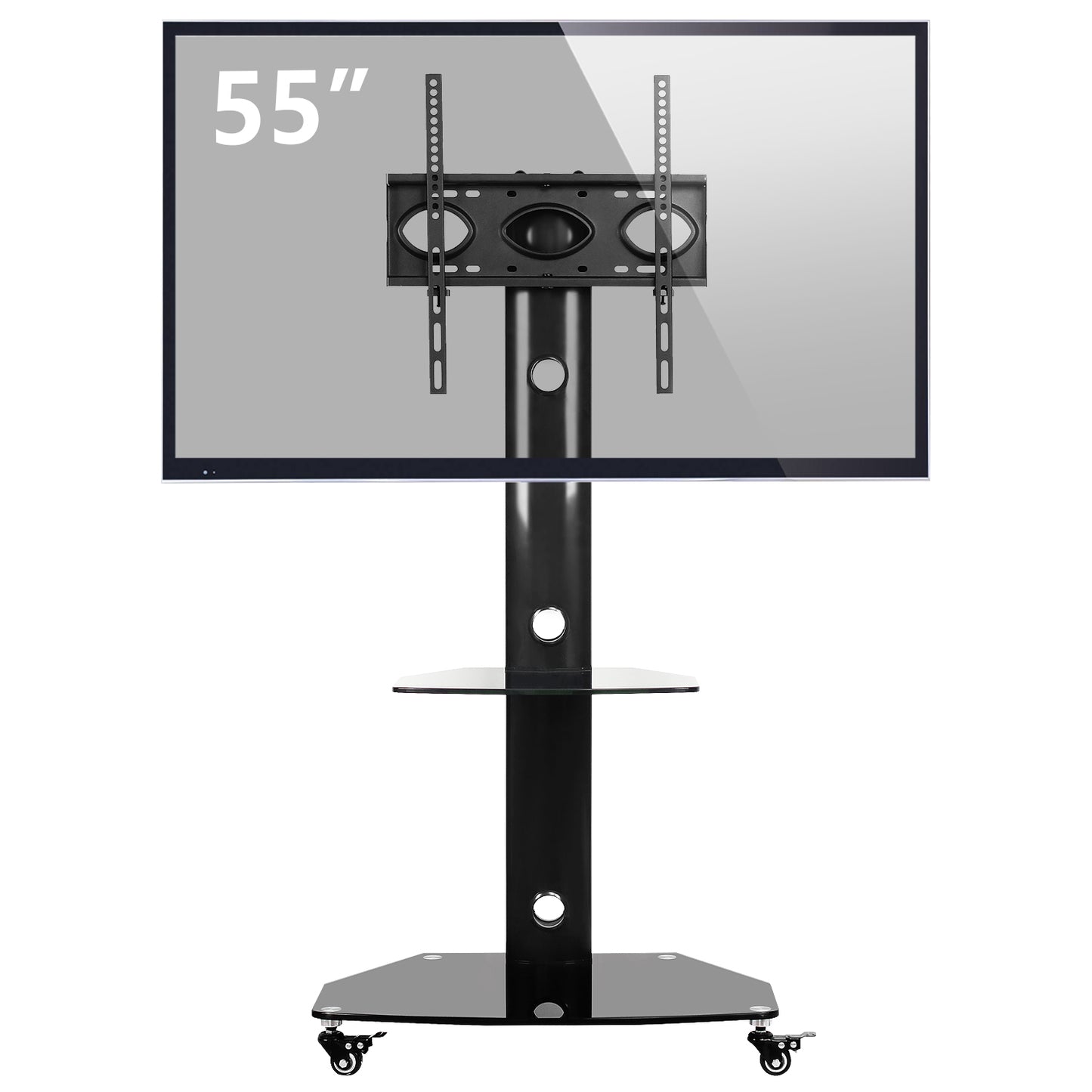 Rfiver Swivel Mobile Floor TV Stand with 2 Glass Shelves for 27"-55" TVs