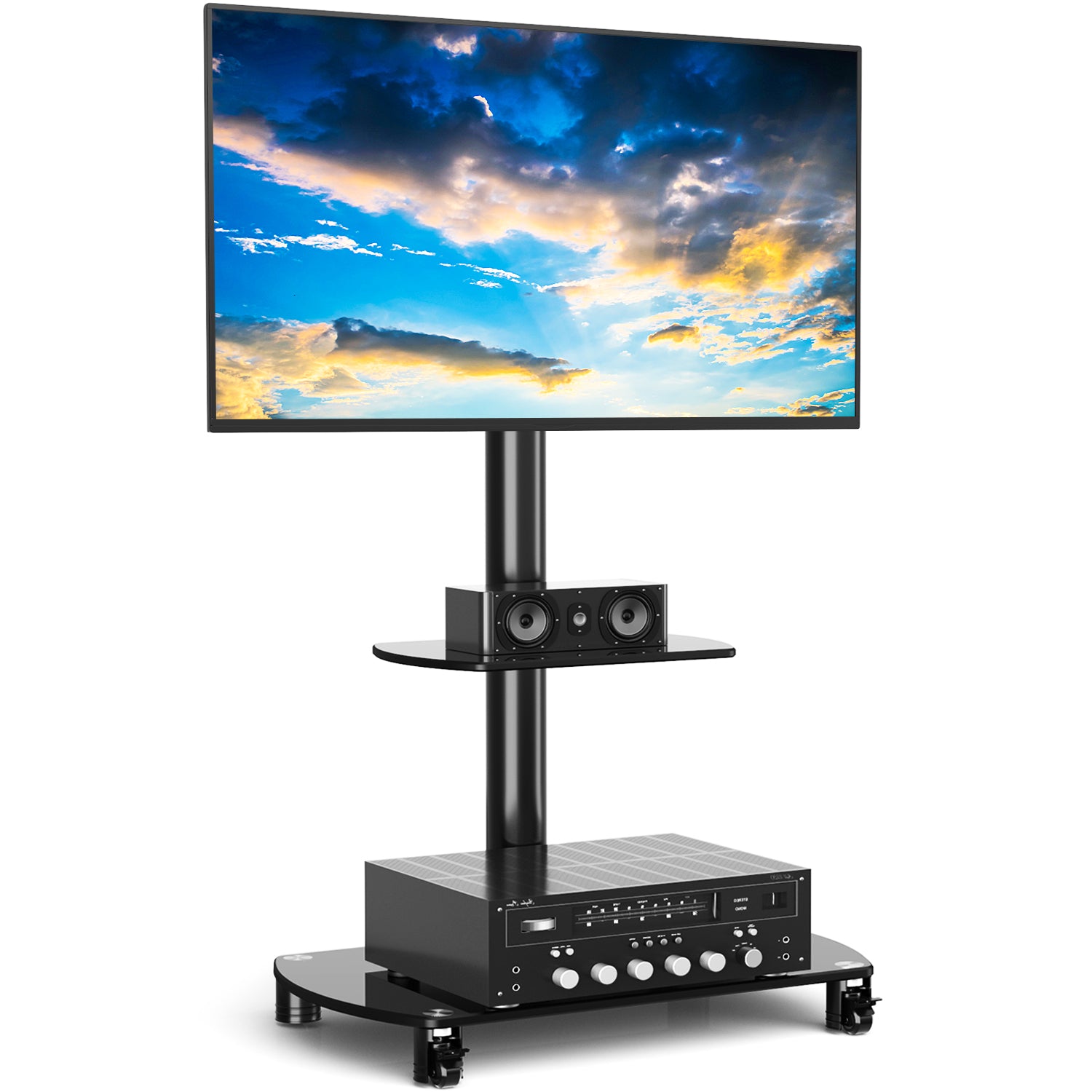 Rfiver Swivel Mobile Floor TV Stand with 2 Glass Shelves for 32